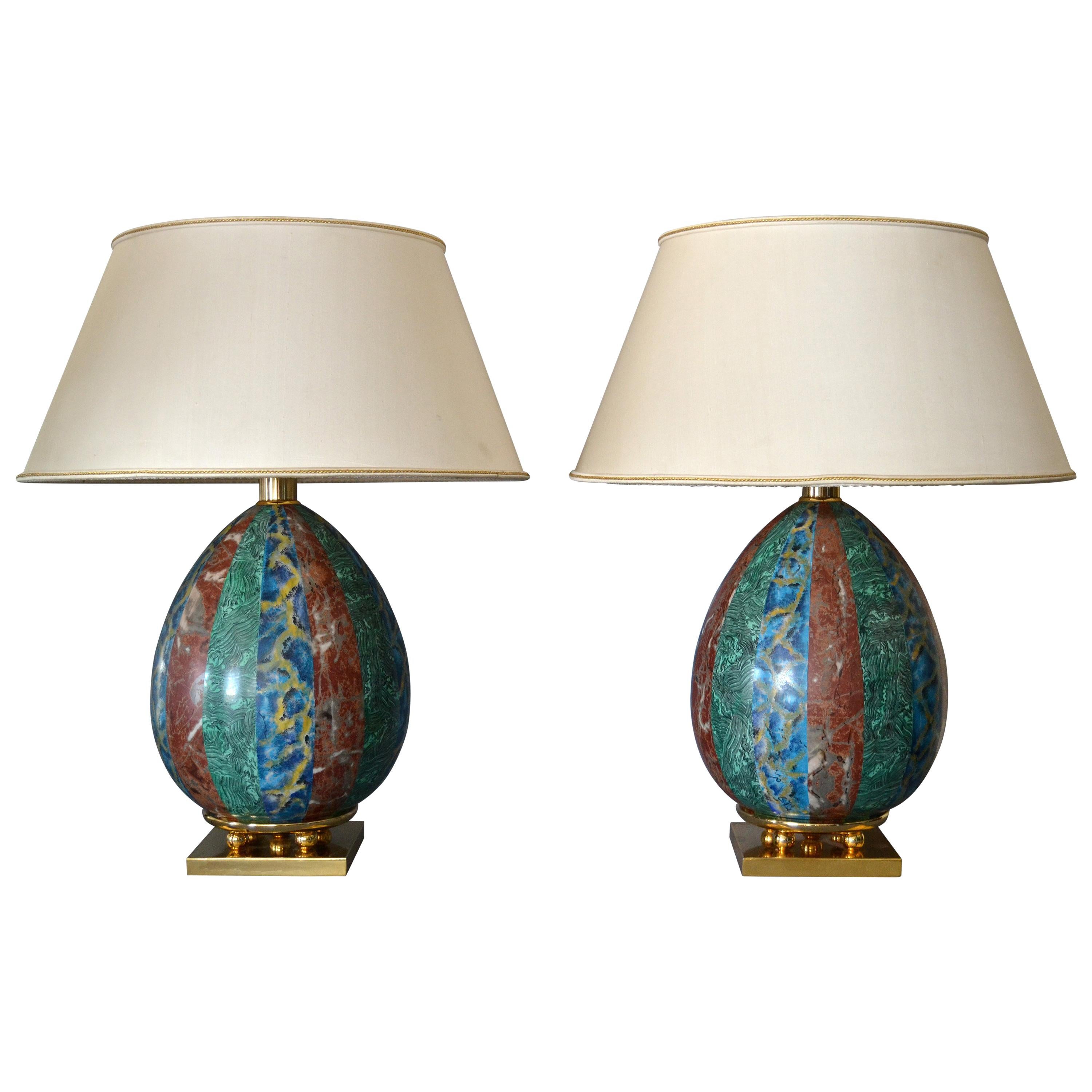 Pair, Italian Faux Marble and Brass Table Lamps from Florence For Sale