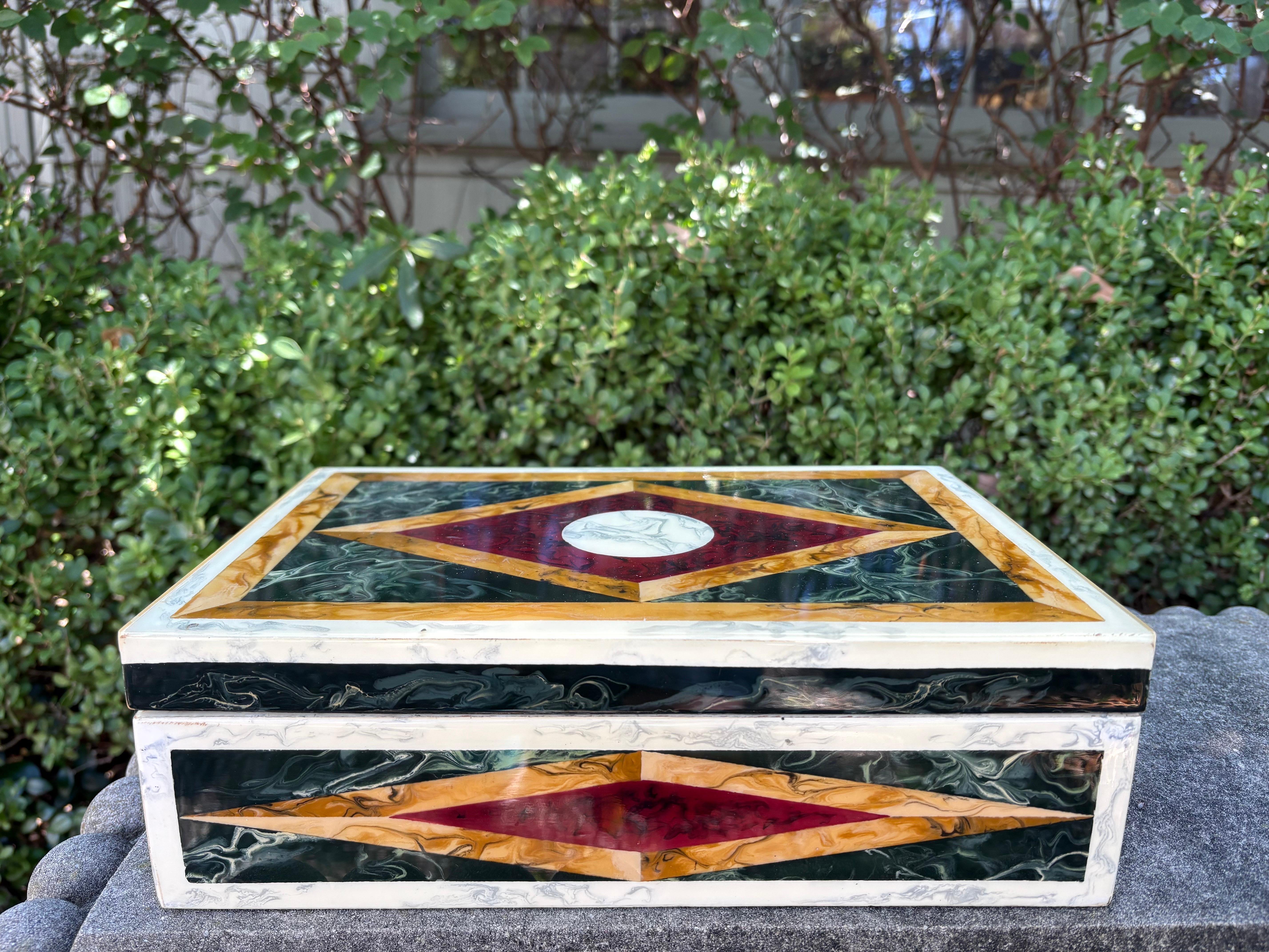Italian Faux Marble Lacquered Box.
Offered is a stunning well executed Italian decorative box with several varieties of specimen marble in a geometric pattern.
This box is the perfect coffee table or desk accessory.