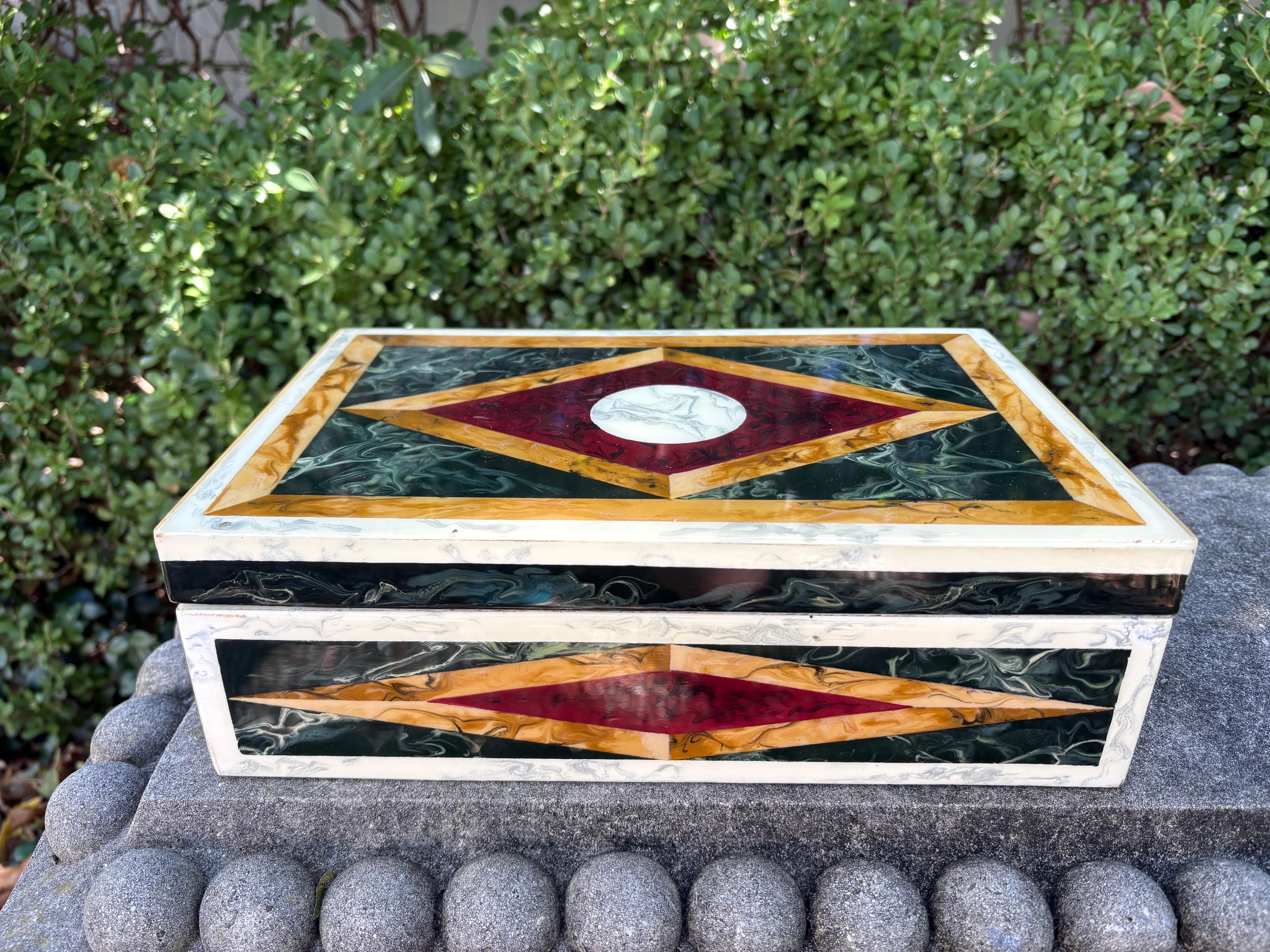 Wood Italian Faux Marble Lacquered Box For Sale