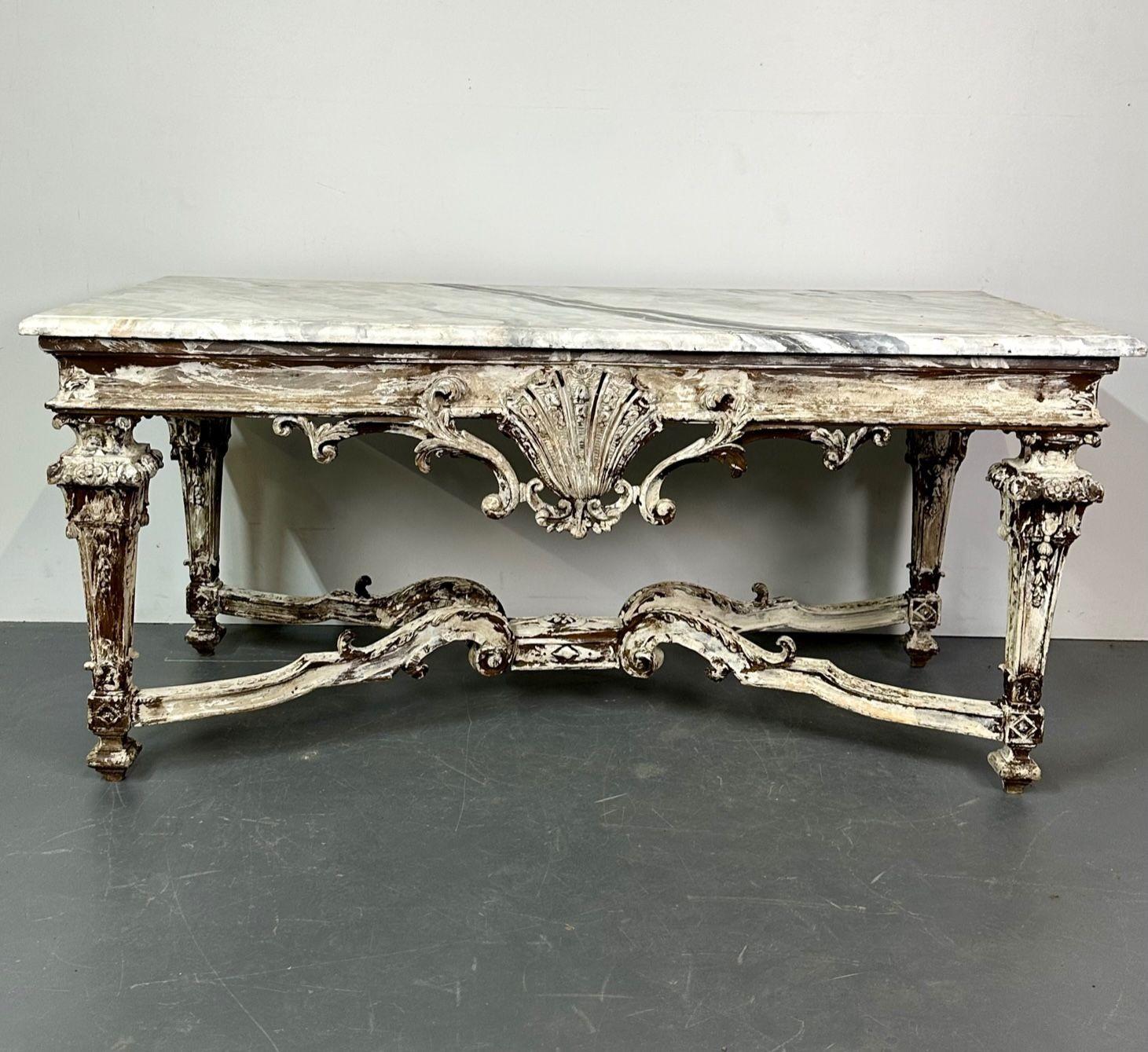 20th Century Italian Faux Marble Top Centre or Dining Table, Gustavian, Paint Distressed For Sale