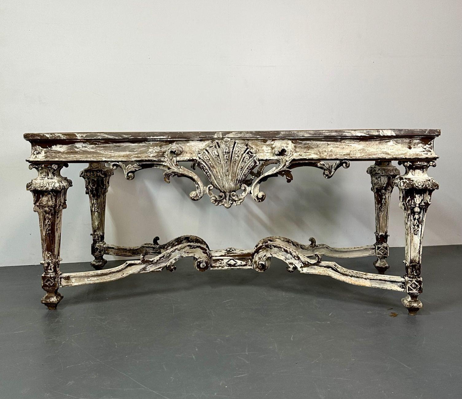 Wood Italian Faux Marble Top Centre or Dining Table, Gustavian, Paint Distressed For Sale