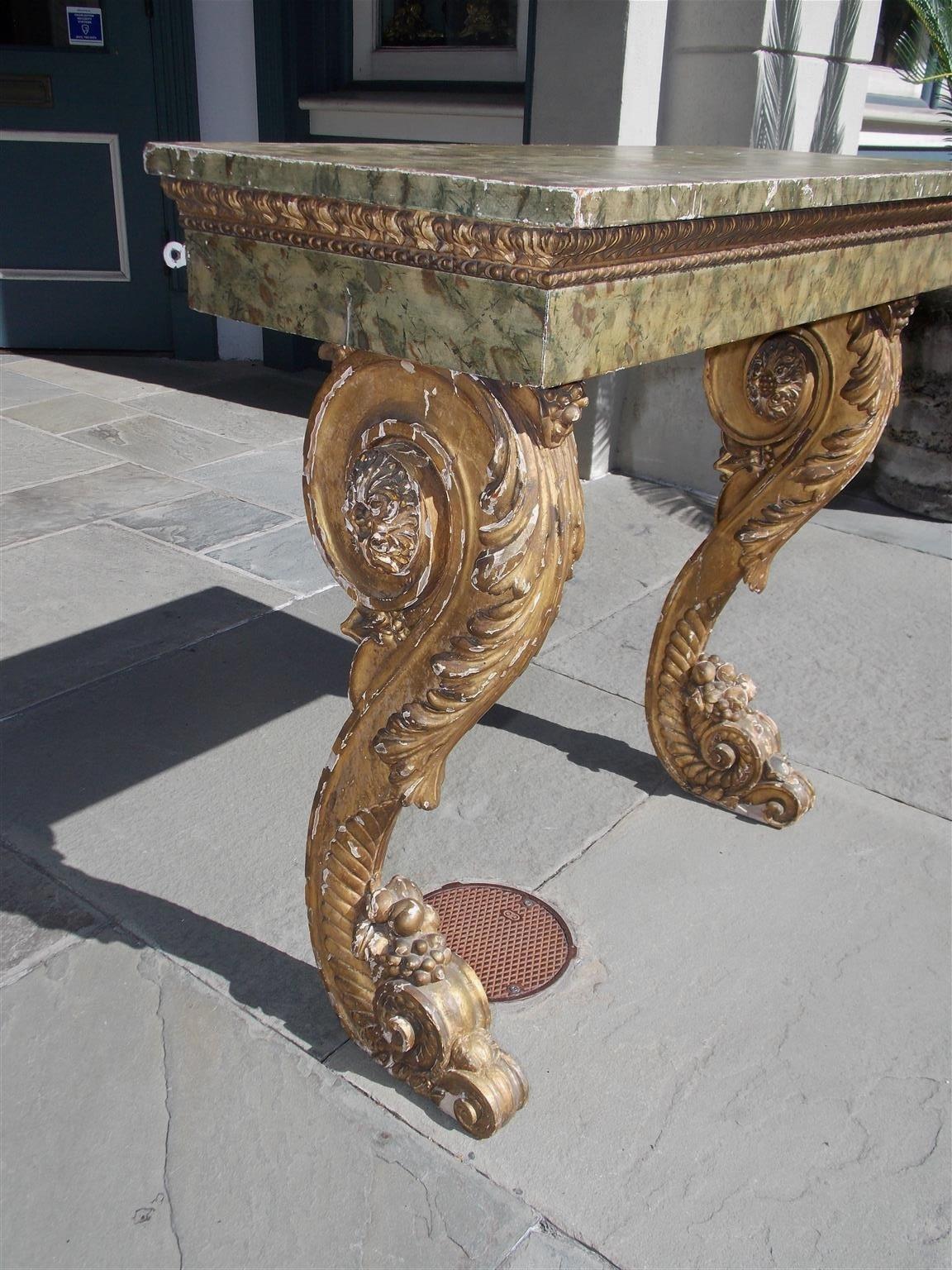 Hand-Carved Italian Faux Marbleized Gilt Acanthus and Berry Wall Mounted Console, Circa 1820 For Sale