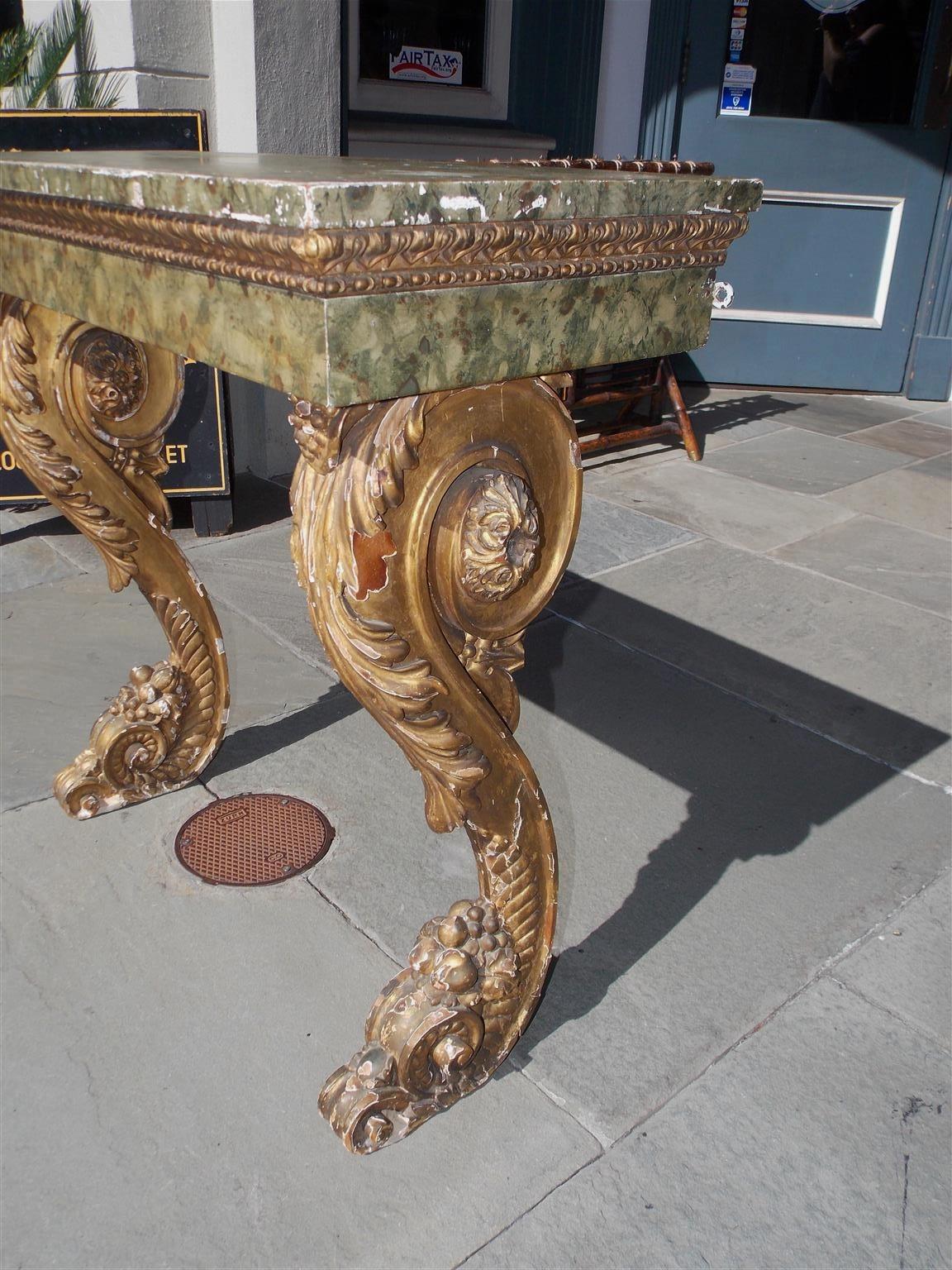 Italian Faux Marbleized Gilt Acanthus and Berry Wall Mounted Console, Circa 1820 In Excellent Condition For Sale In Hollywood, SC