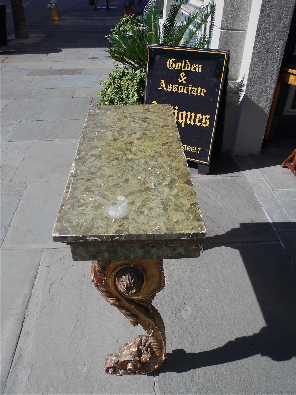 Early 19th Century Italian Faux Marbleized Gilt Acanthus and Berry Wall Mounted Console, Circa 1820 For Sale