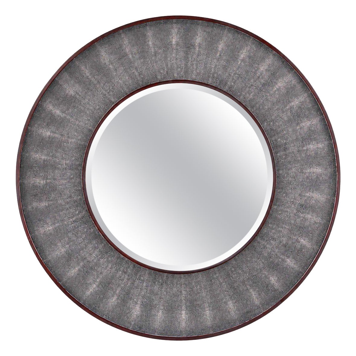 Italian Faux Shagreen & Walnut Concave Round Mirror, Late 20th Century. For Sale