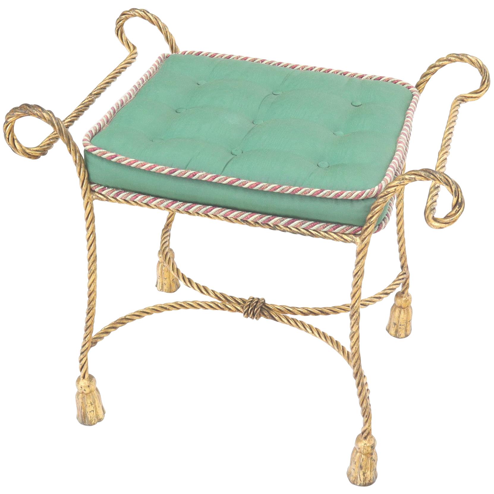 Italian Faux Twisted Rope Gold Gilt Metal Bench