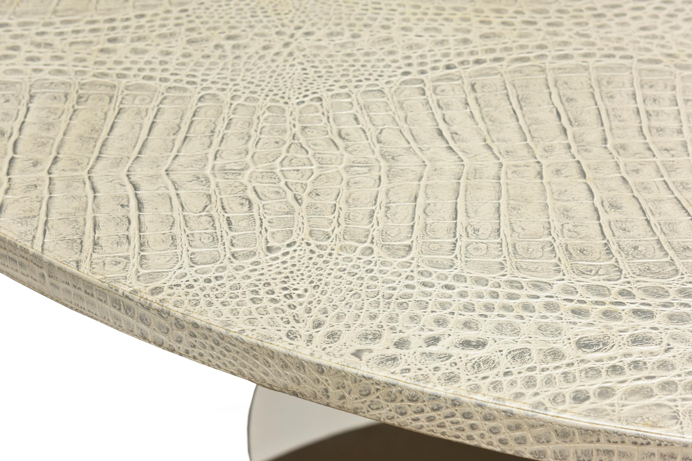 Modern  Italian Fendi Round Crocodile Metallic Leather and Stainless Steel Dining Table