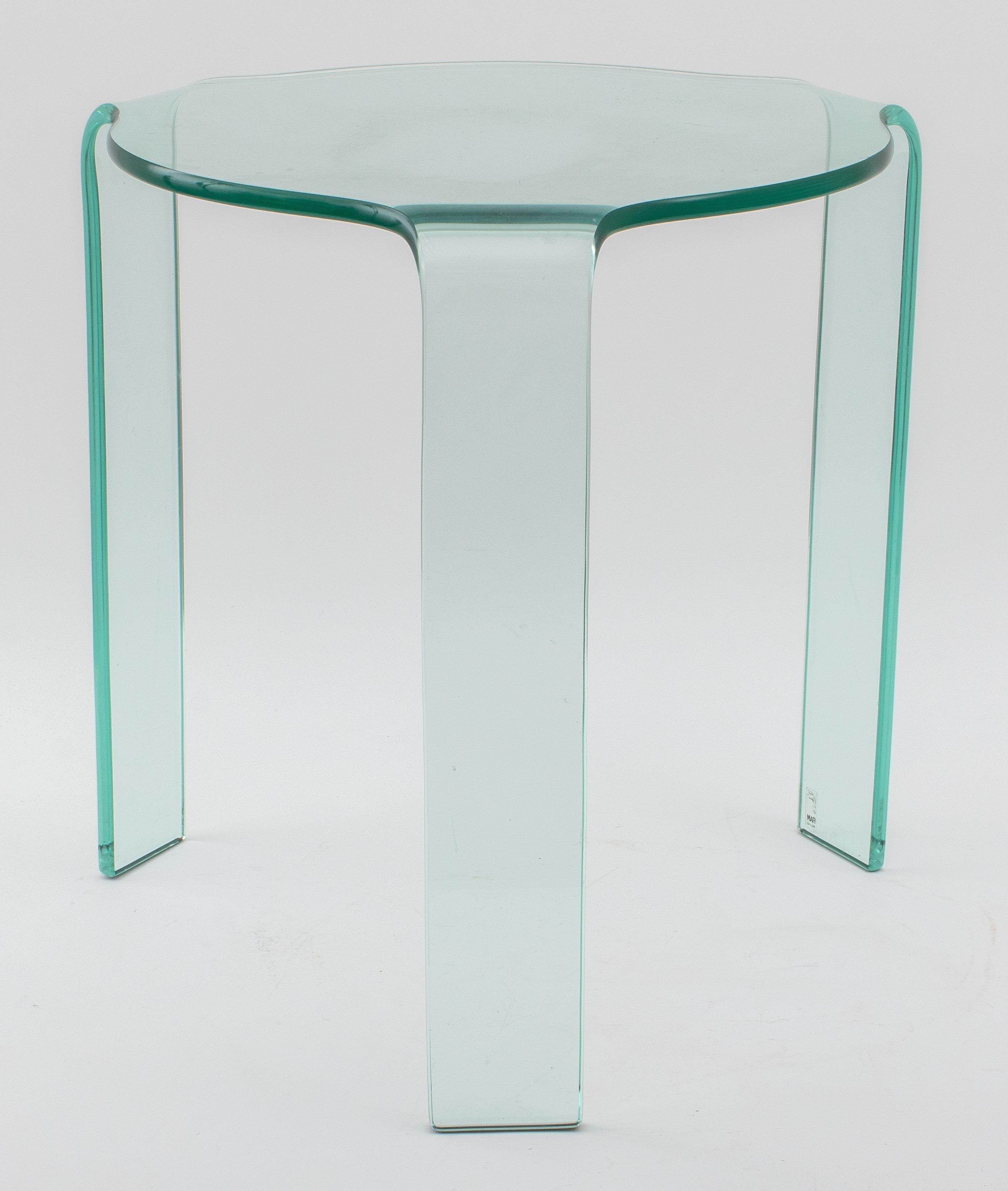 Pair of Italian modern contemporary glass side tables on three legs by Fiam, both marked 