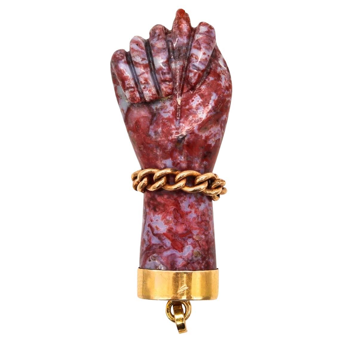 Italian Figa Hand Pendant-Charm Carved in Reddish Agatha 18Kt Yellow Gold Mount For Sale