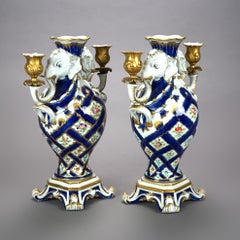 Italian Figural Porcelain Candelabra Urns with Elephants for Bonwit Teller 20thC