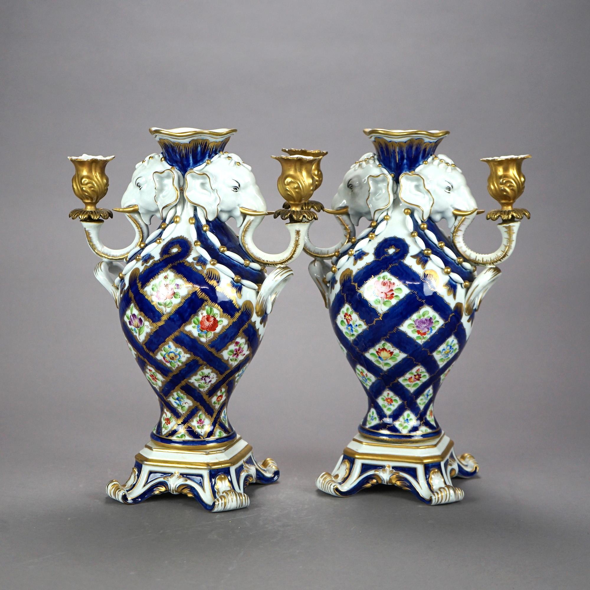 Gilt Italian Figural Porcelain Candelabra Urns with Elephants for Bonwit Teller 20thC For Sale