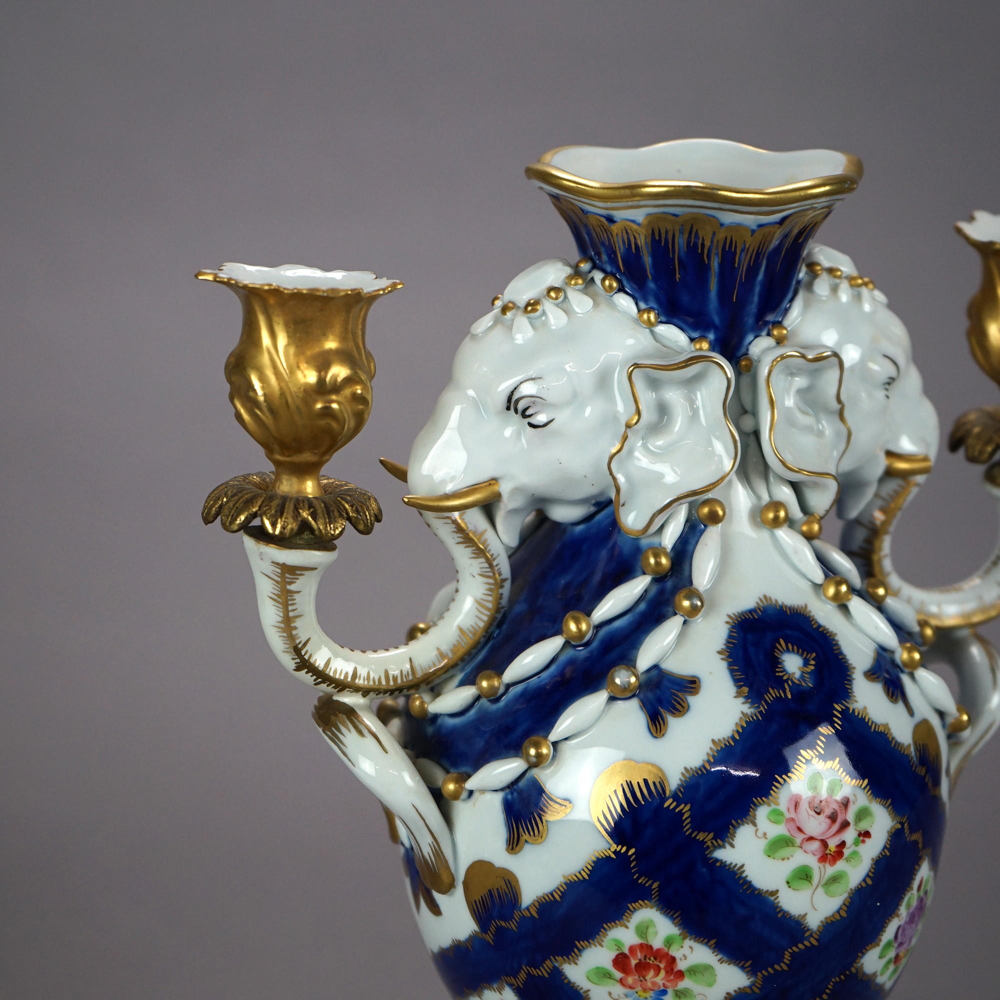 20th Century Italian Figural Porcelain Candelabra Urns with Elephants for Bonwit Teller 20thC For Sale