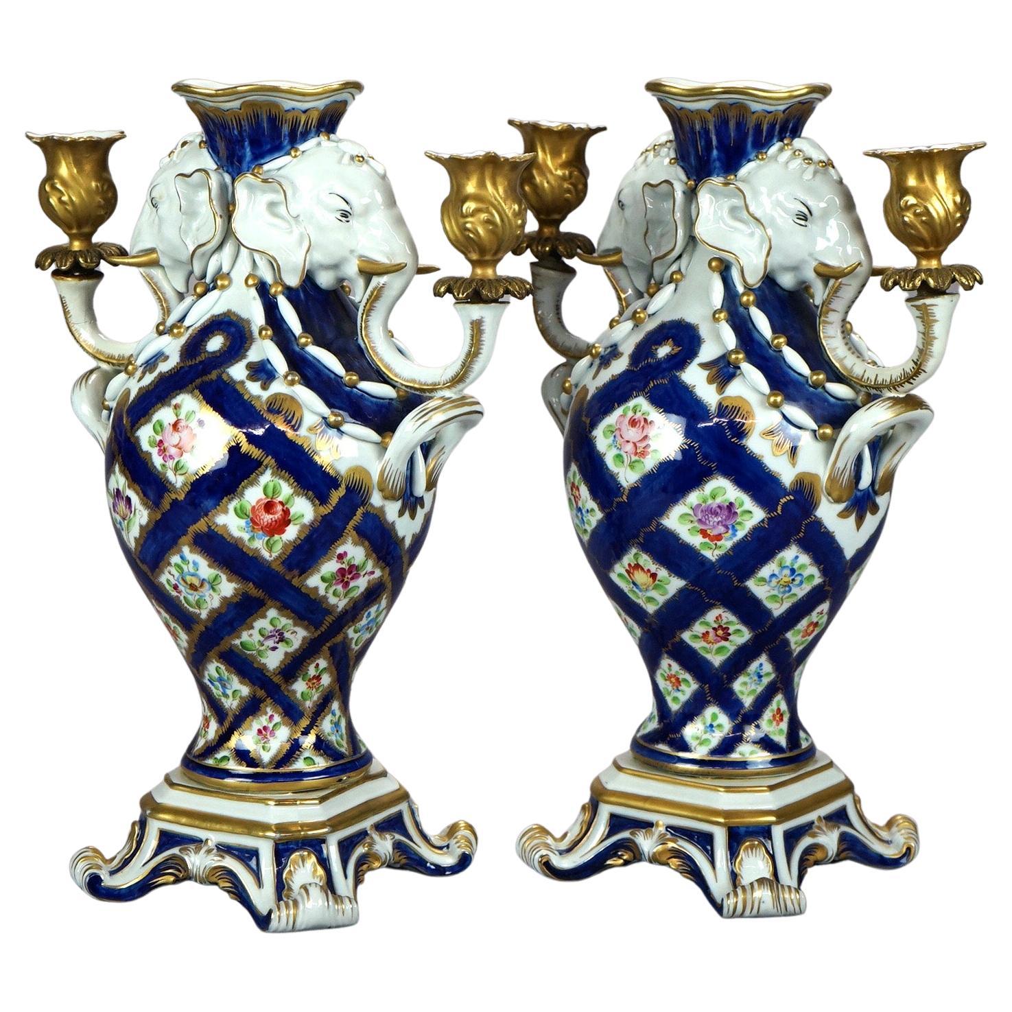 Italian Figural Porcelain Candelabra Urns with Elephants for Bonwit Teller 20thC For Sale