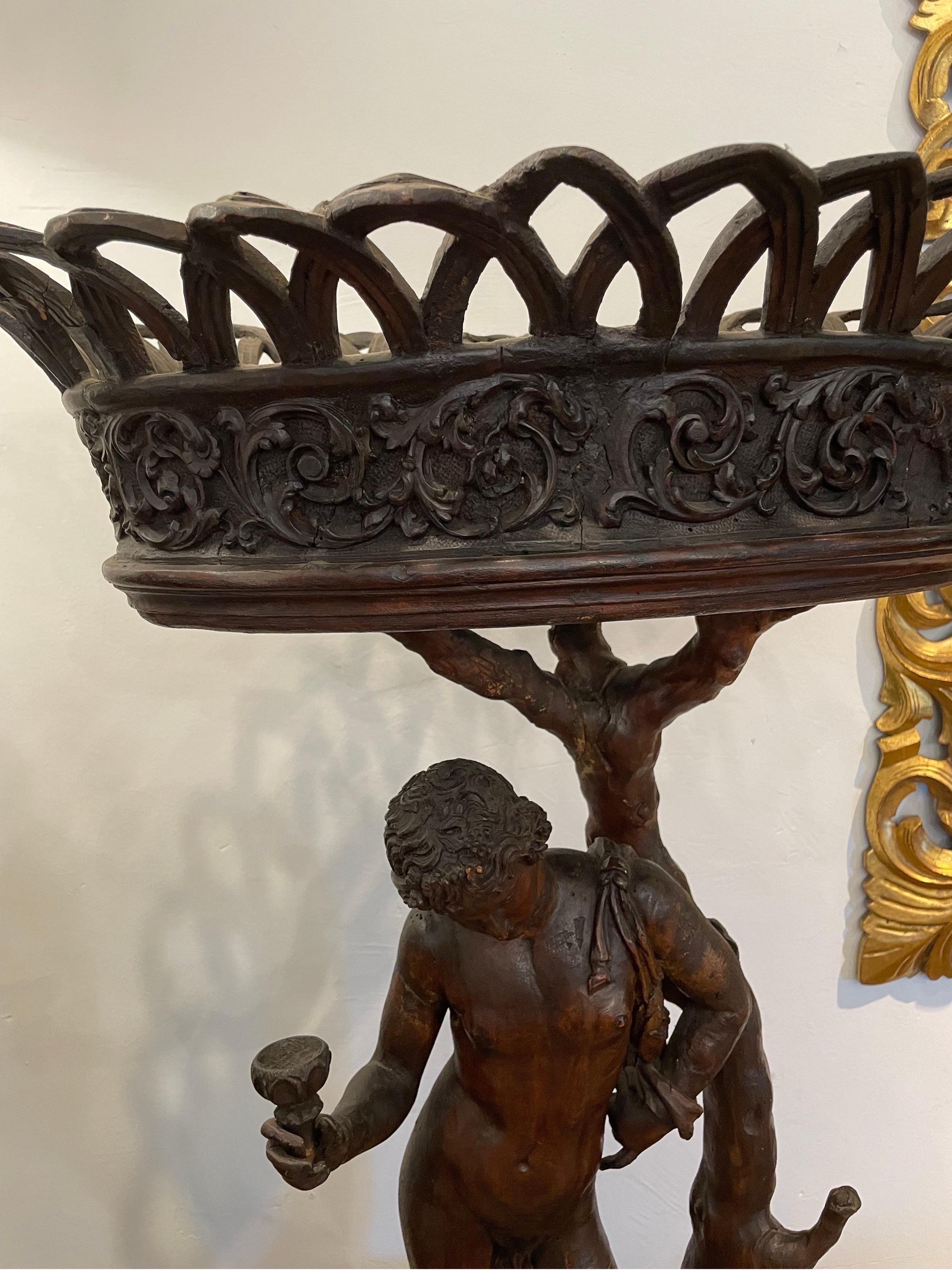 Centrotavola italiano in legno di noce con figura di Dioniso
xIX secolo 

Provenienza:
Collezione privata australiana.

Descrizione: 

Una figura in legno di noce modellata sul bronzo 