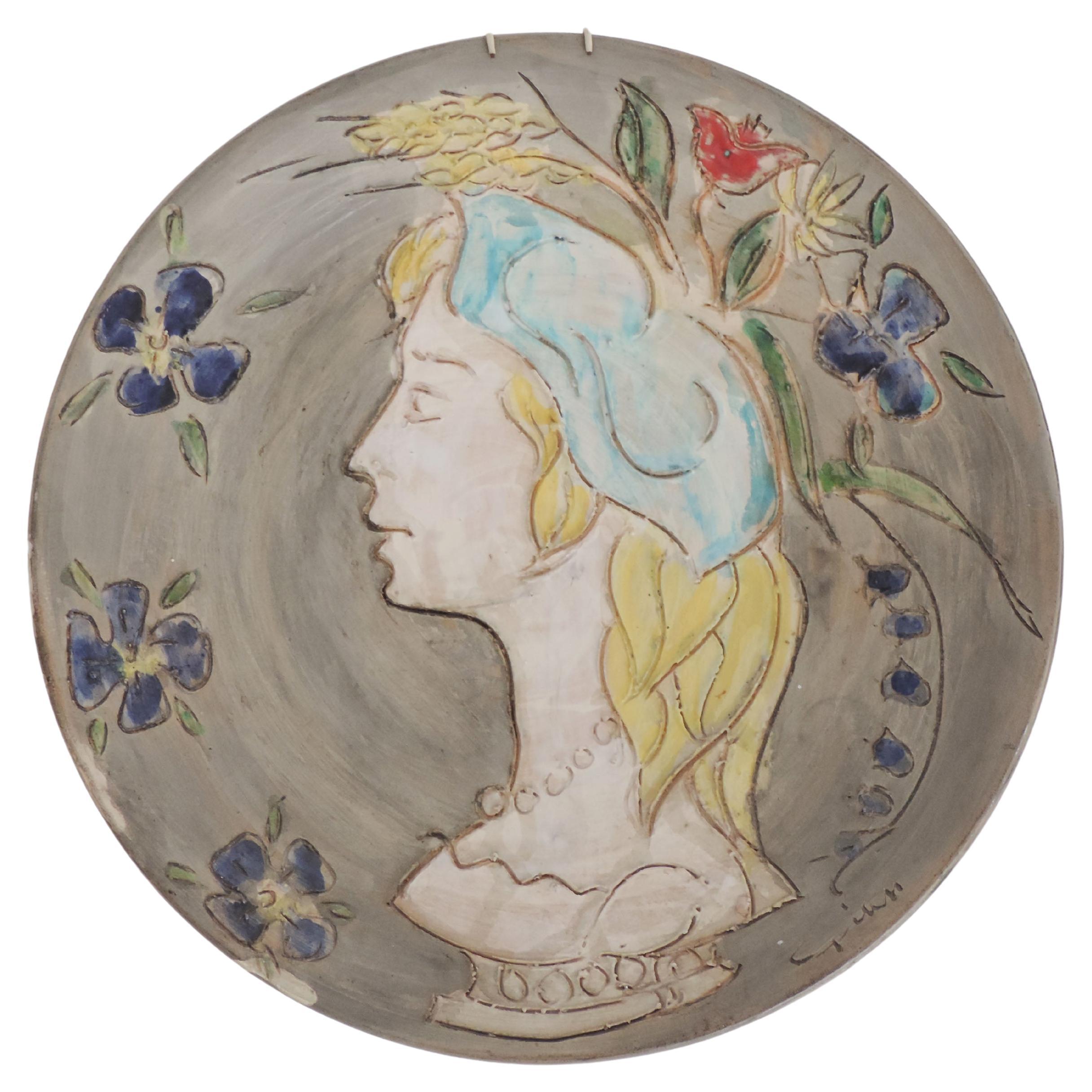 Italian Figurative Earthenware Wall Plate, Italy 1950s For Sale