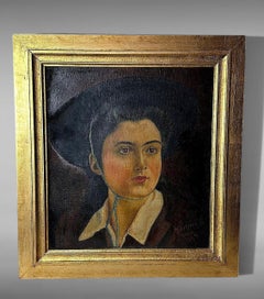 Italian Figurative Oil on Canvas Portrait of a Young Woman with Giltwood Frame