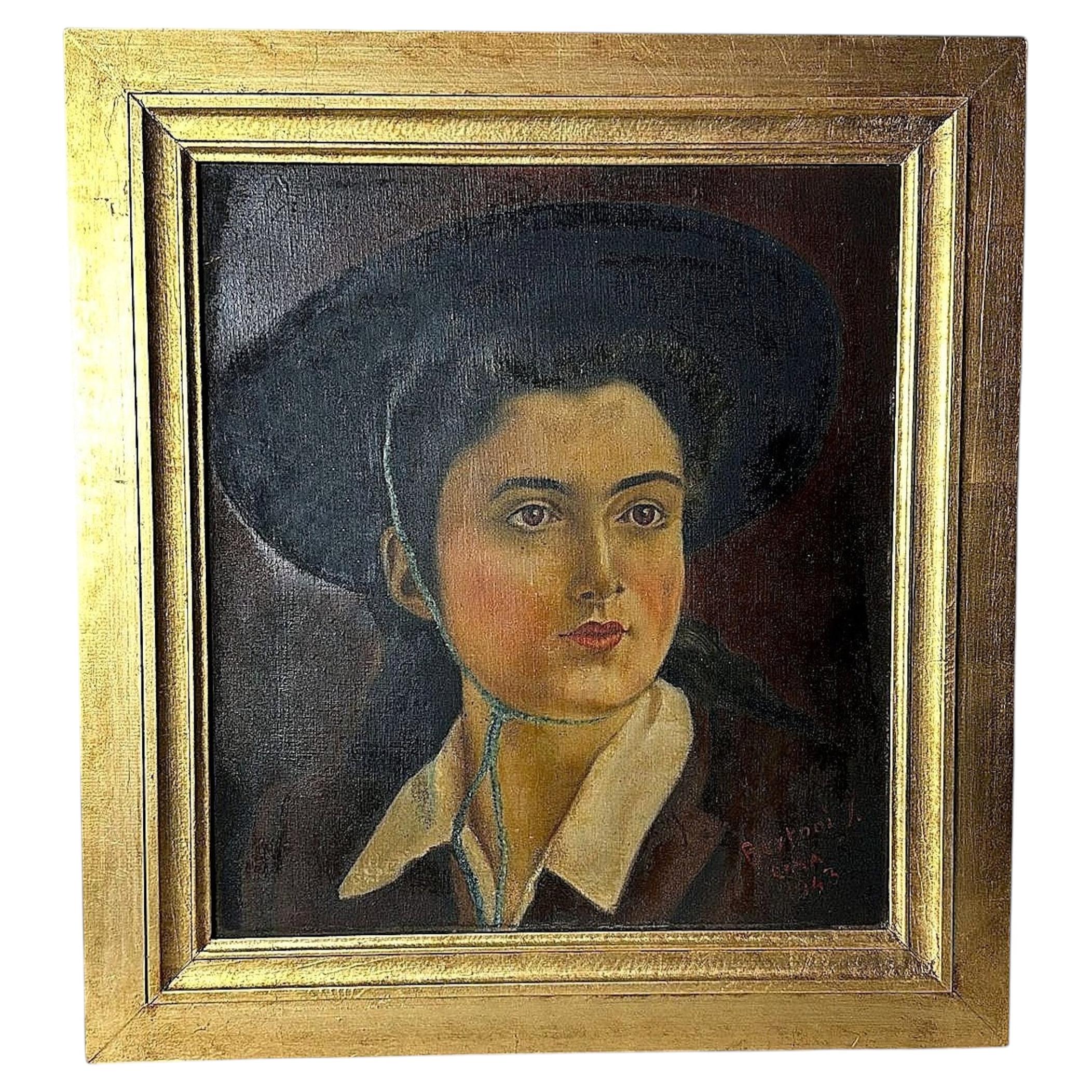 Italian Figurative Oil on Canvas Portrait of a Young Woman with Giltwood Frame