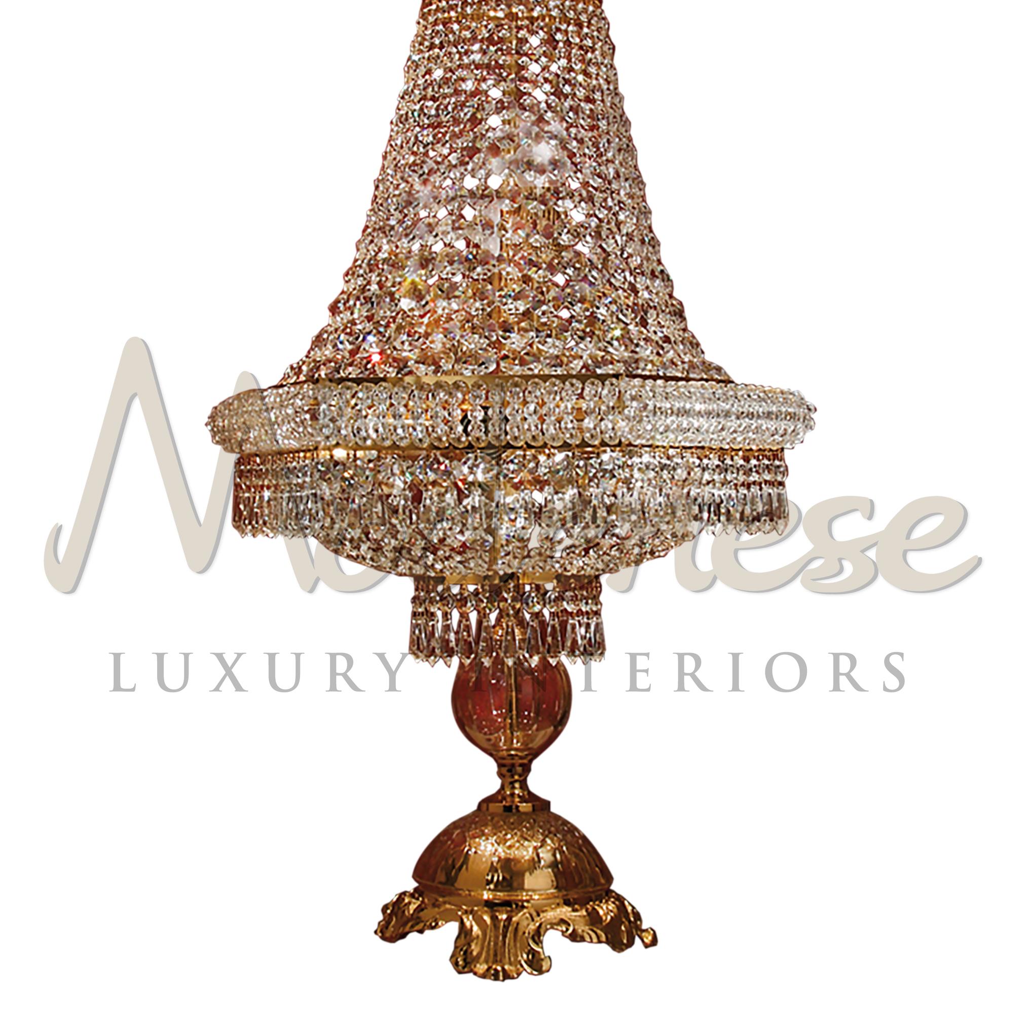 Victorian Italian Fine 24kt Gold Plated Finish 9-Lights Table Lamp & Transparent Crystal For Sale