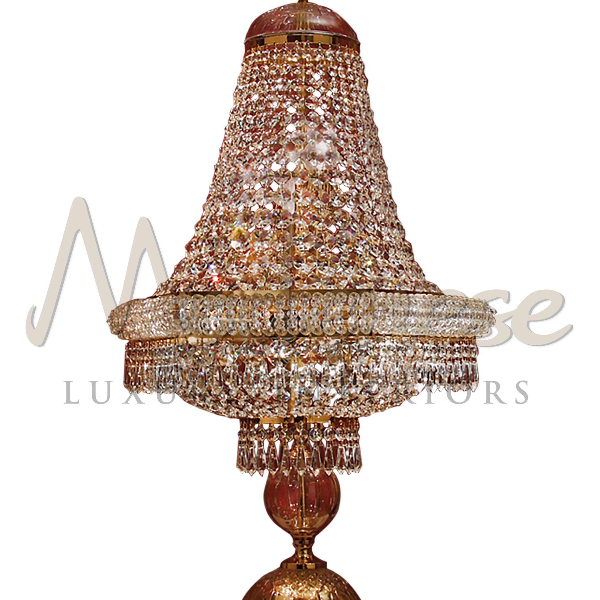 Appliqué Italian Fine 24kt Gold Plated Finish 9-Lights Table Lamp & Transparent Crystal For Sale