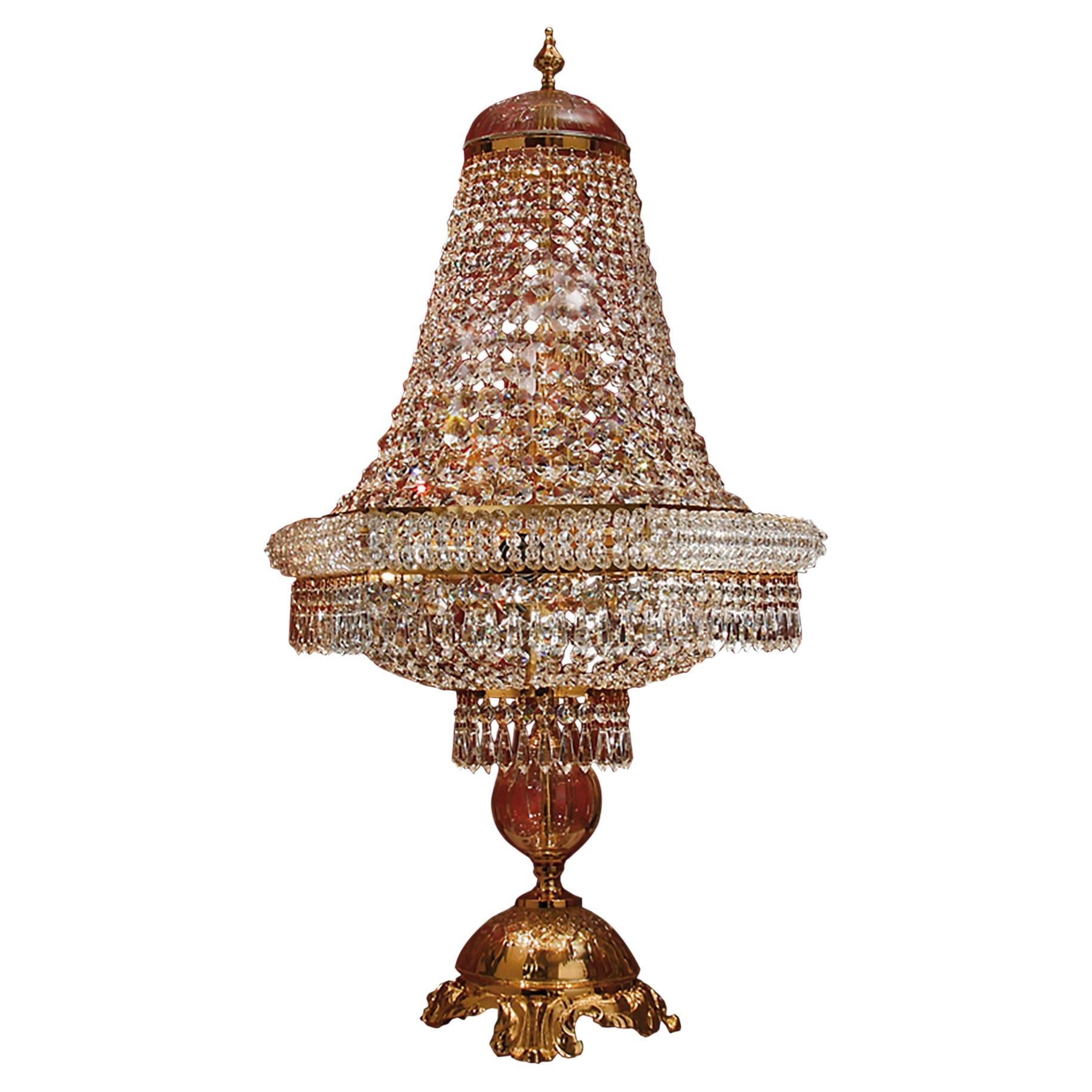 Italian Fine 24kt Gold Plated Finish 9-Lights Table Lamp & Transparent Crystal For Sale