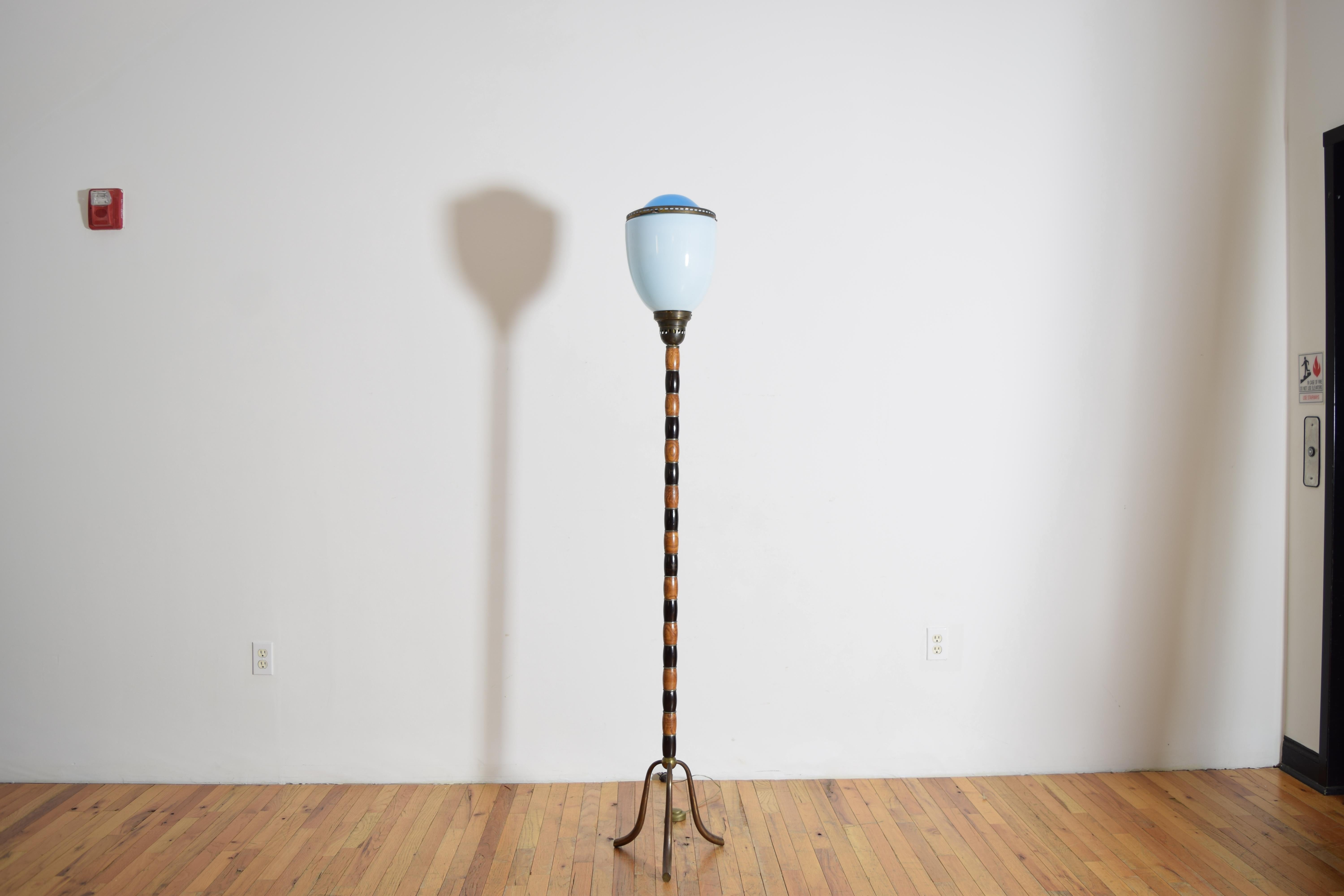 Art Deco Italian Fir Wood, Patinated Brass, and Blown Glass Floor Lamp, ca. 1930's For Sale
