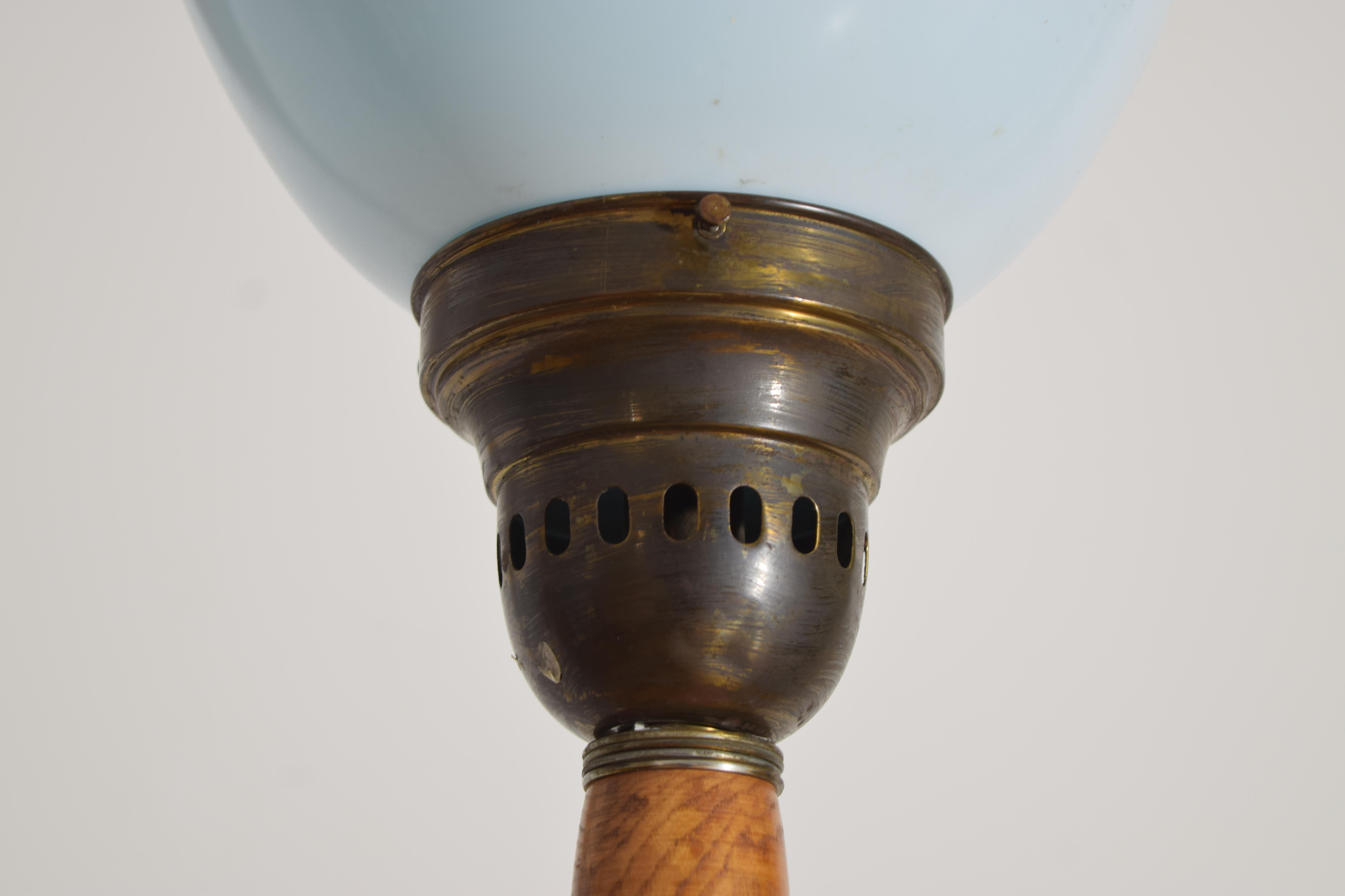 Italian Fir Wood, Patinated Brass, and Blown Glass Floor Lamp, ca. 1930's For Sale 1