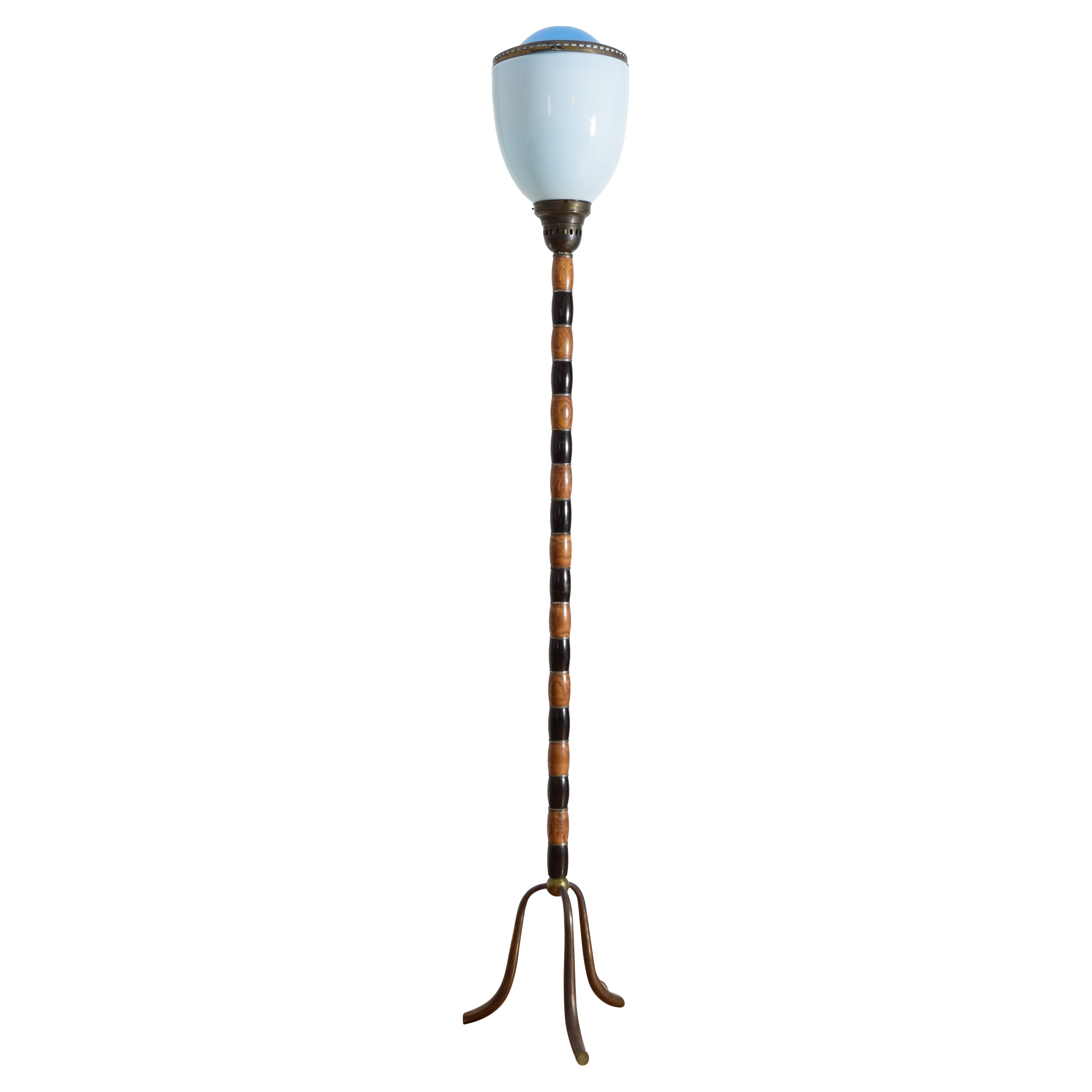 Italian Fir Wood, Patinated Brass, and Blown Glass Floor Lamp, ca. 1930's For Sale