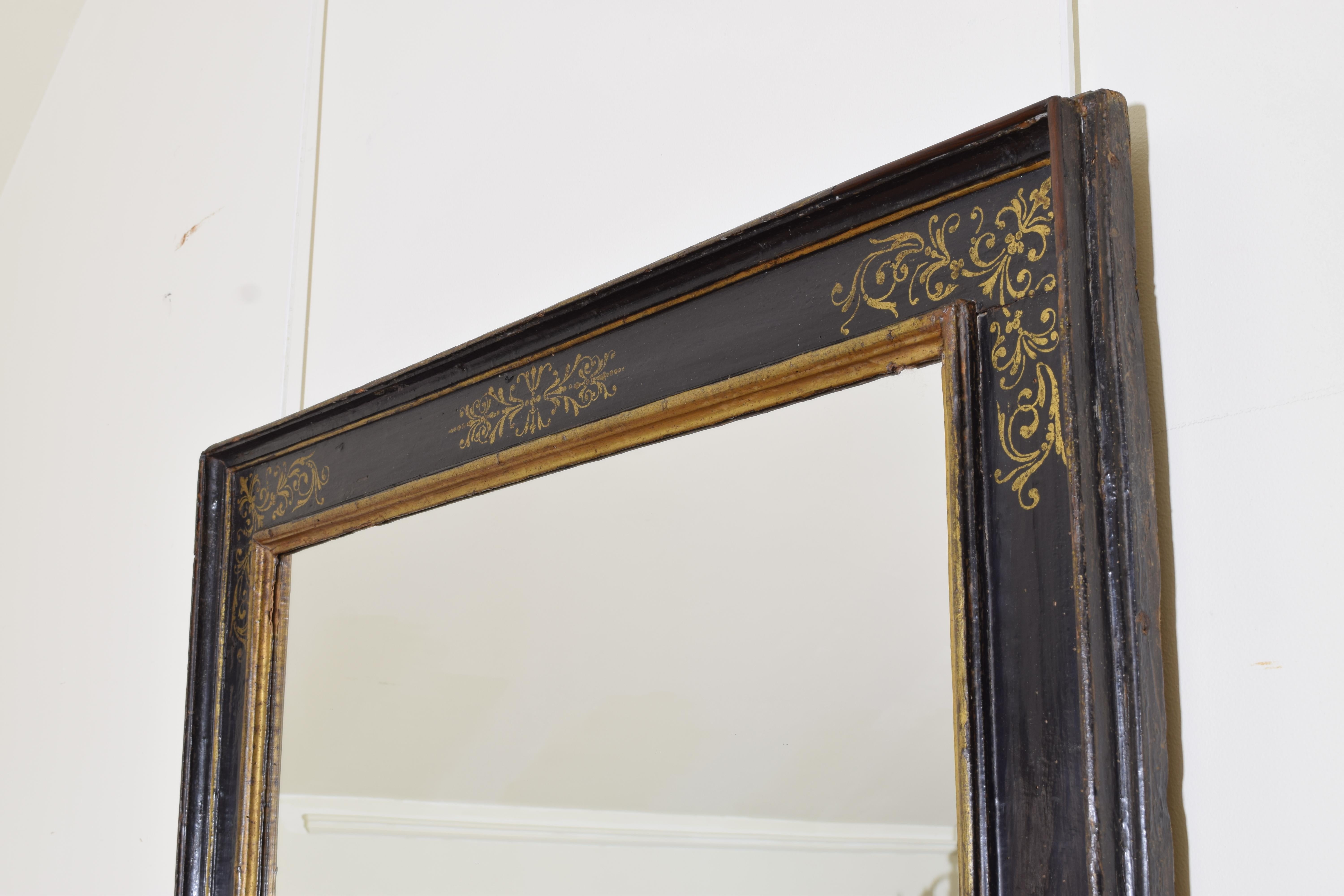 18th Century and Earlier Italian, Firenze, Late Renaissance Ebonized and Gilt Painted Mirror, 17th Cen. For Sale