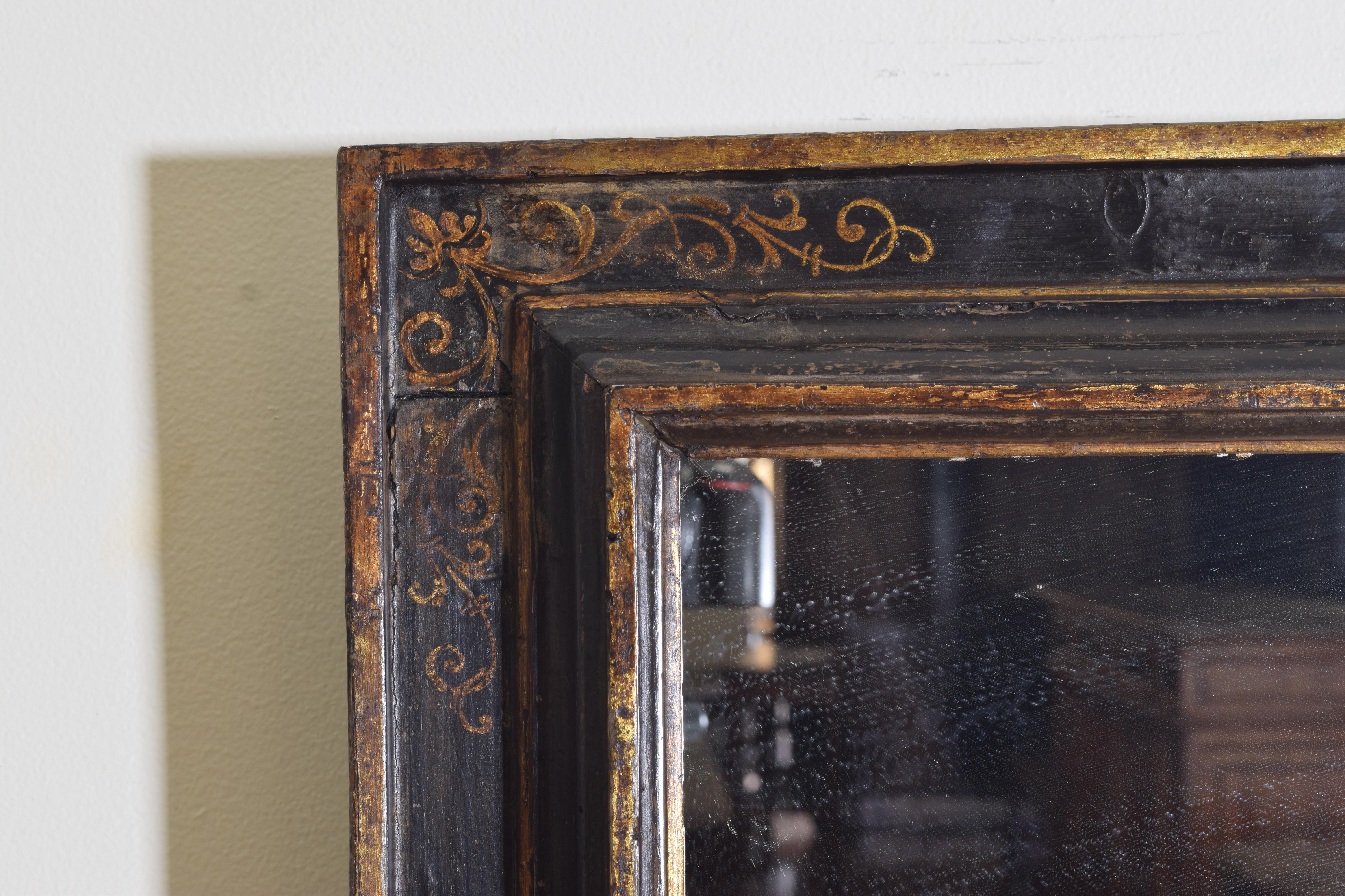 Giltwood Italian, Firenze, Late Renaissance Period Ebonized, Gilt, Stencil Gilt Mirror For Sale