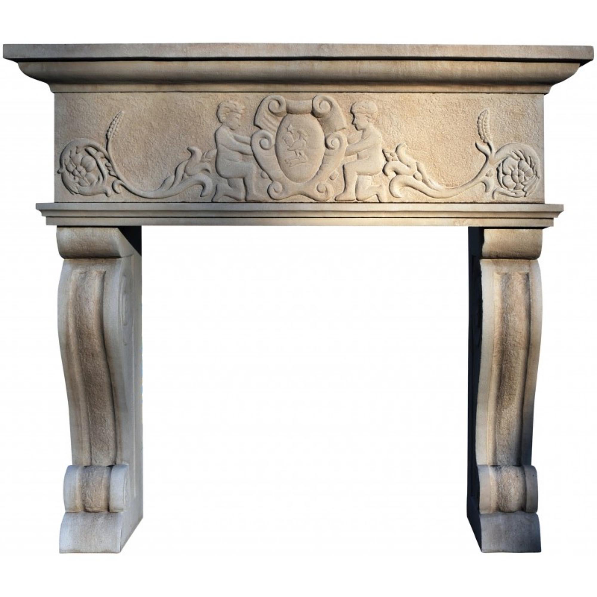 Baroque Italian Fireplace with Emblem and Putti Stone Serena Early 20th Century For Sale