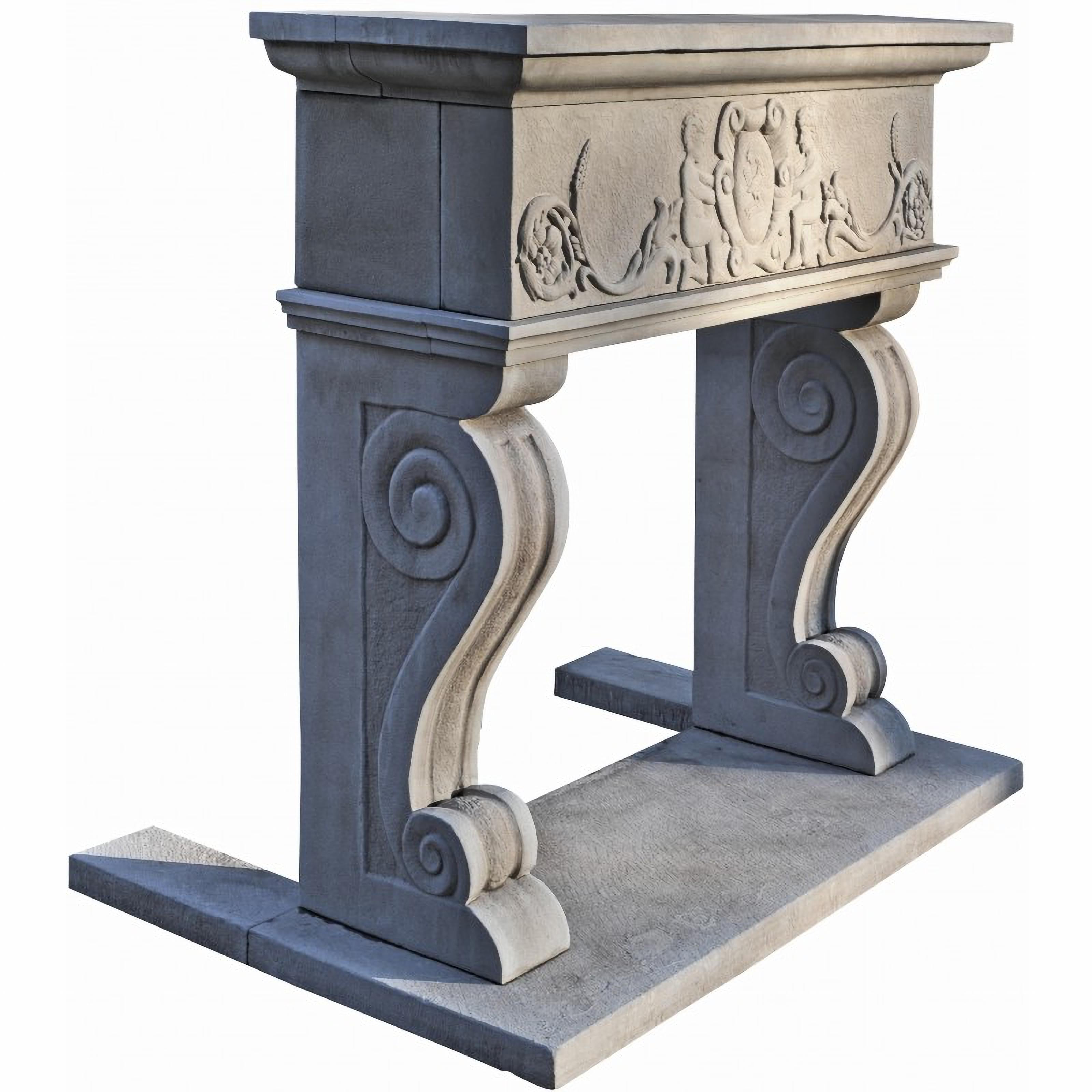 Hand-Crafted Italian Fireplace with Emblem and Putti Stone Serena Early 20th Century For Sale