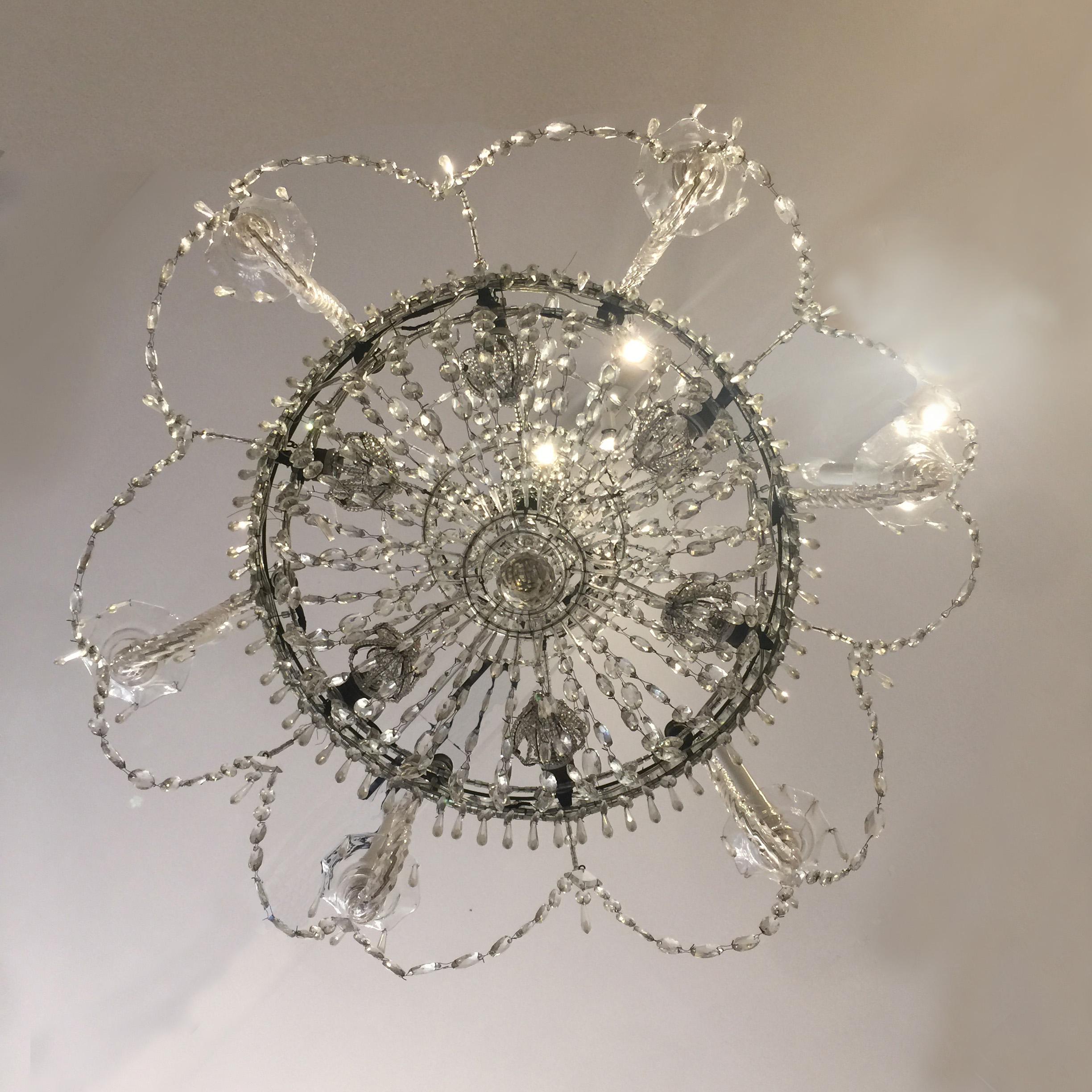 Carved Italian First 19th Century Crystal Chandelier 6 Crystal Branches 12 Lights For Sale