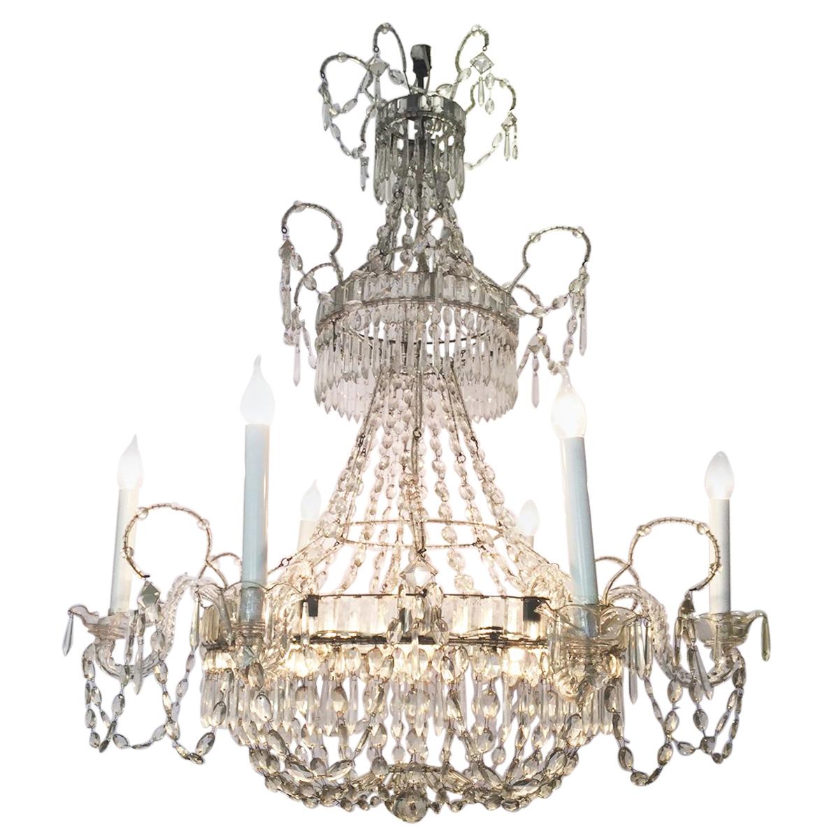 Italian First 19th Century Crystal Chandelier 6 Crystal Branches 12 Lights For Sale