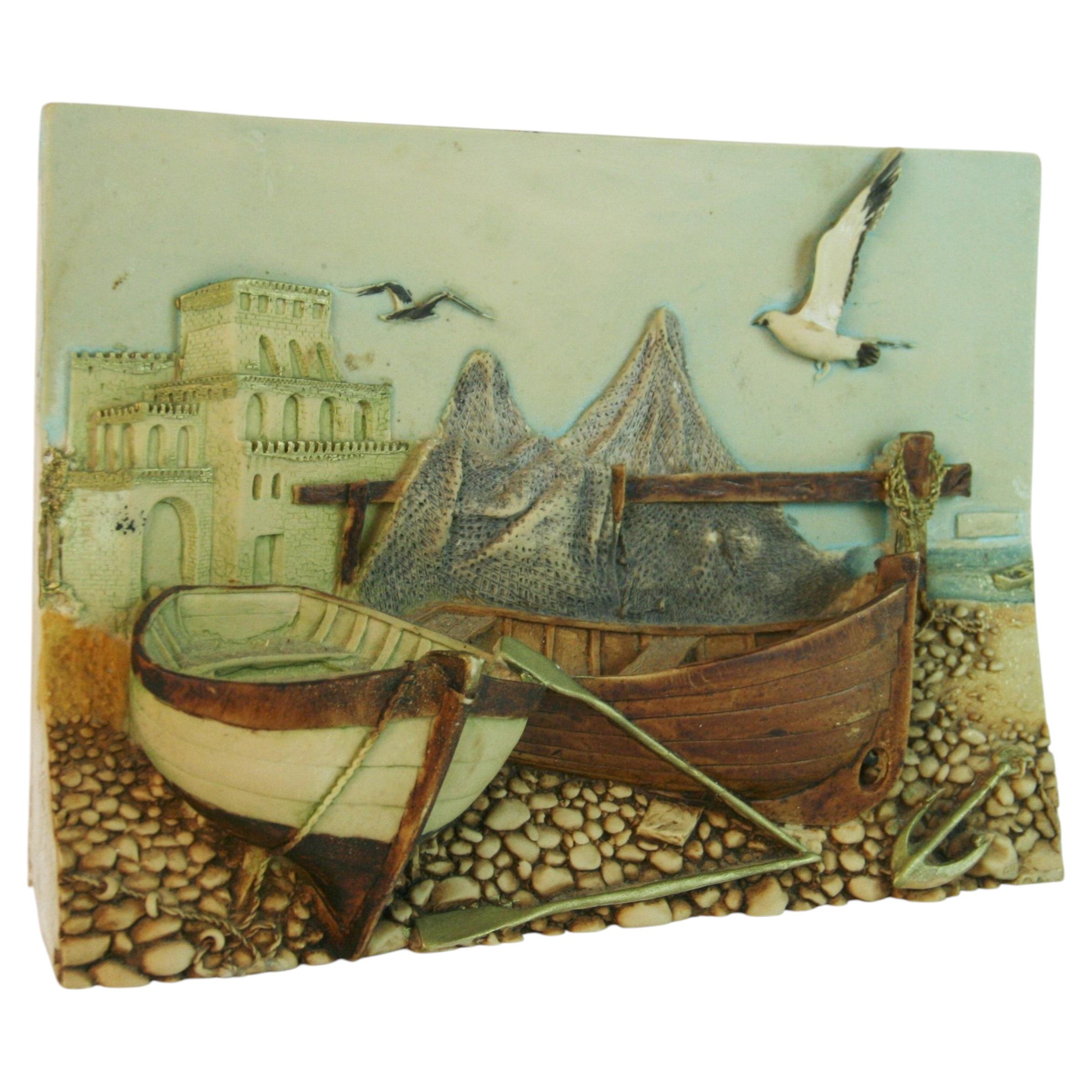 Italian Fishing Boat Coastal Stone Plaque, Hand Painted, 1970s