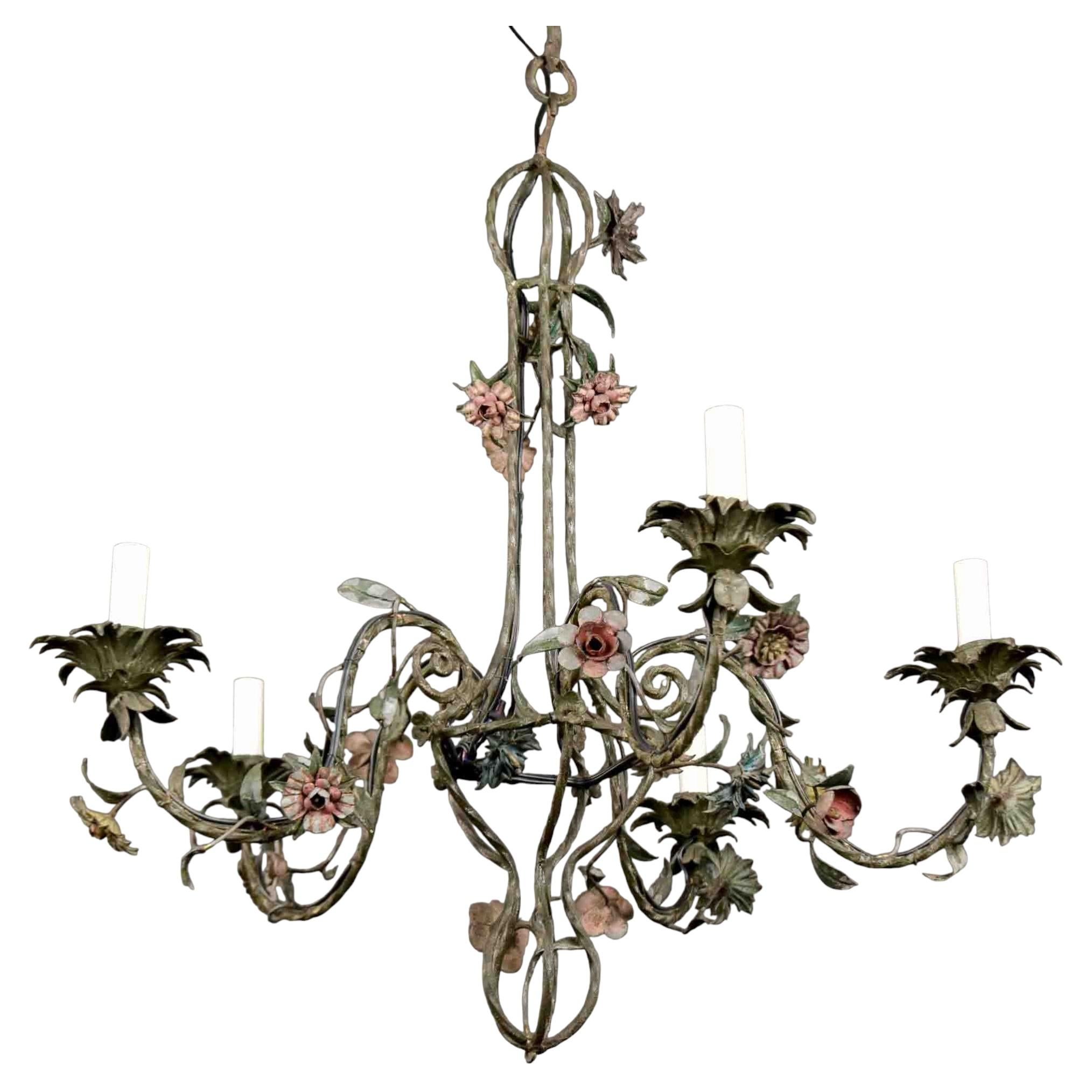 Italian Five-Light Tole and Wrought Iron Chandelier, Circa 1930s For Sale