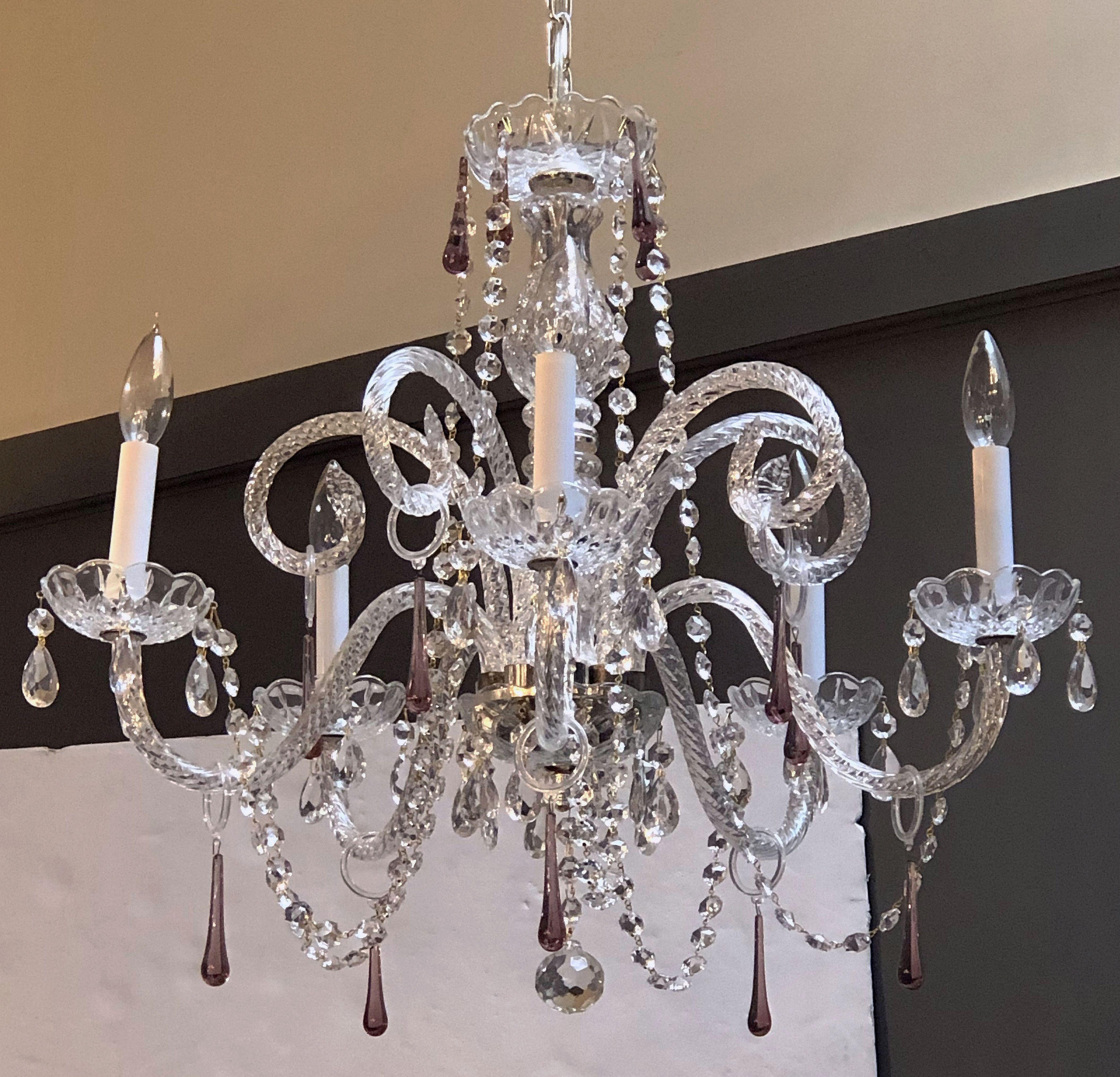 20th Century Italian Five-Light Venetian Crystal Drop Chandelier or Hanging Fixture (Dia 24