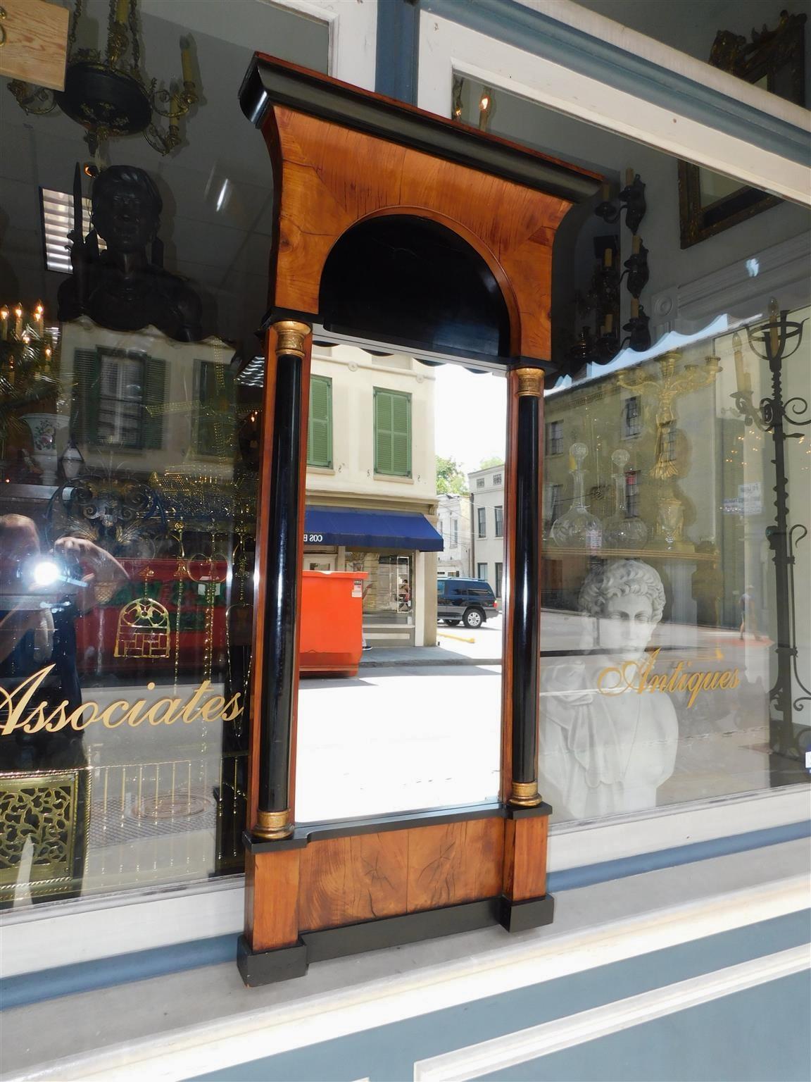 Hand-Carved Italian Flame Mahogany & Ebonized Gilt Wall Mirror with Original Glass, C. 1810 For Sale