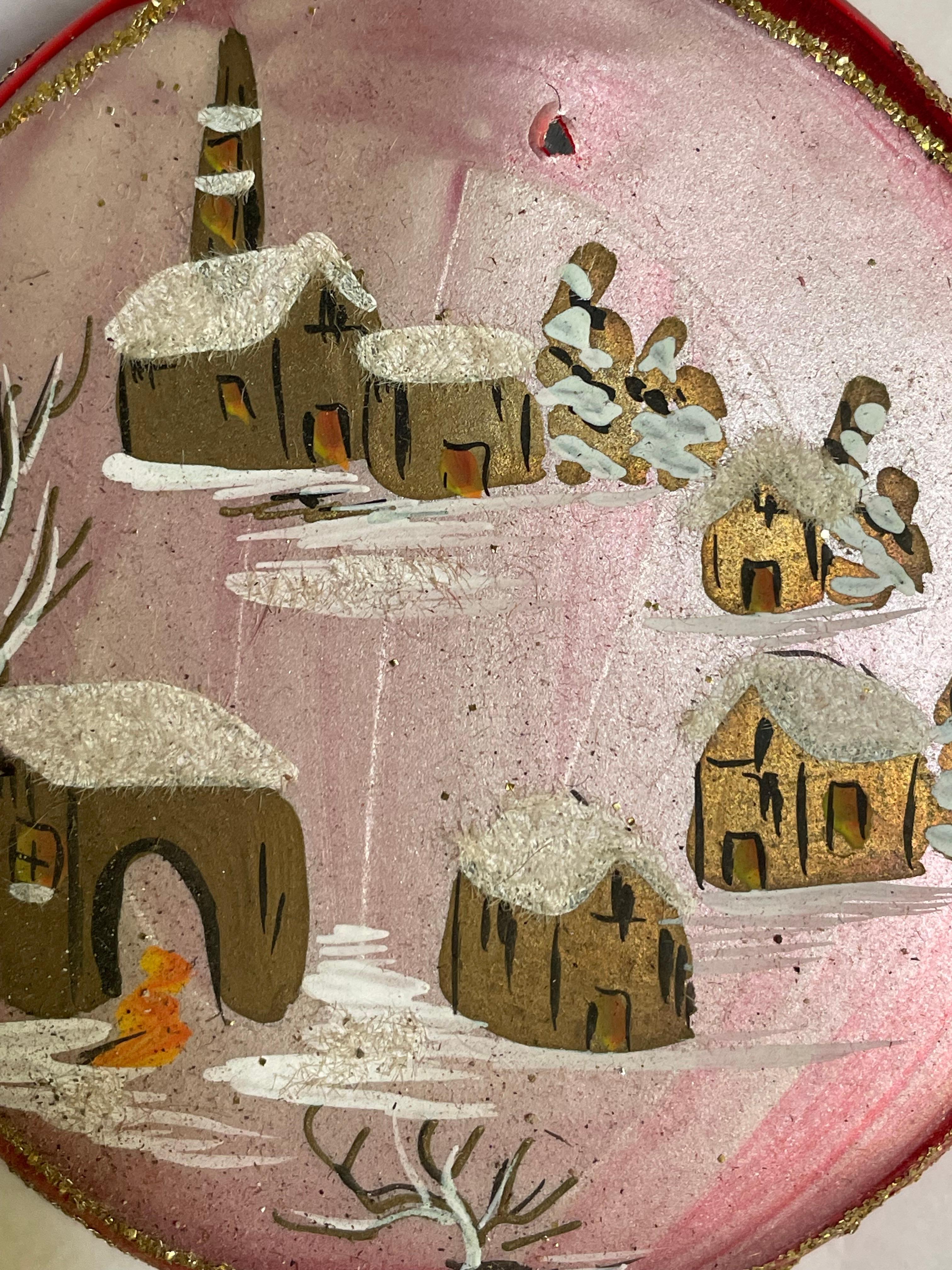 Folk Art Italian Flat Ball Hand Painted Village Blown Red Glass Christmas Tree Ornament For Sale