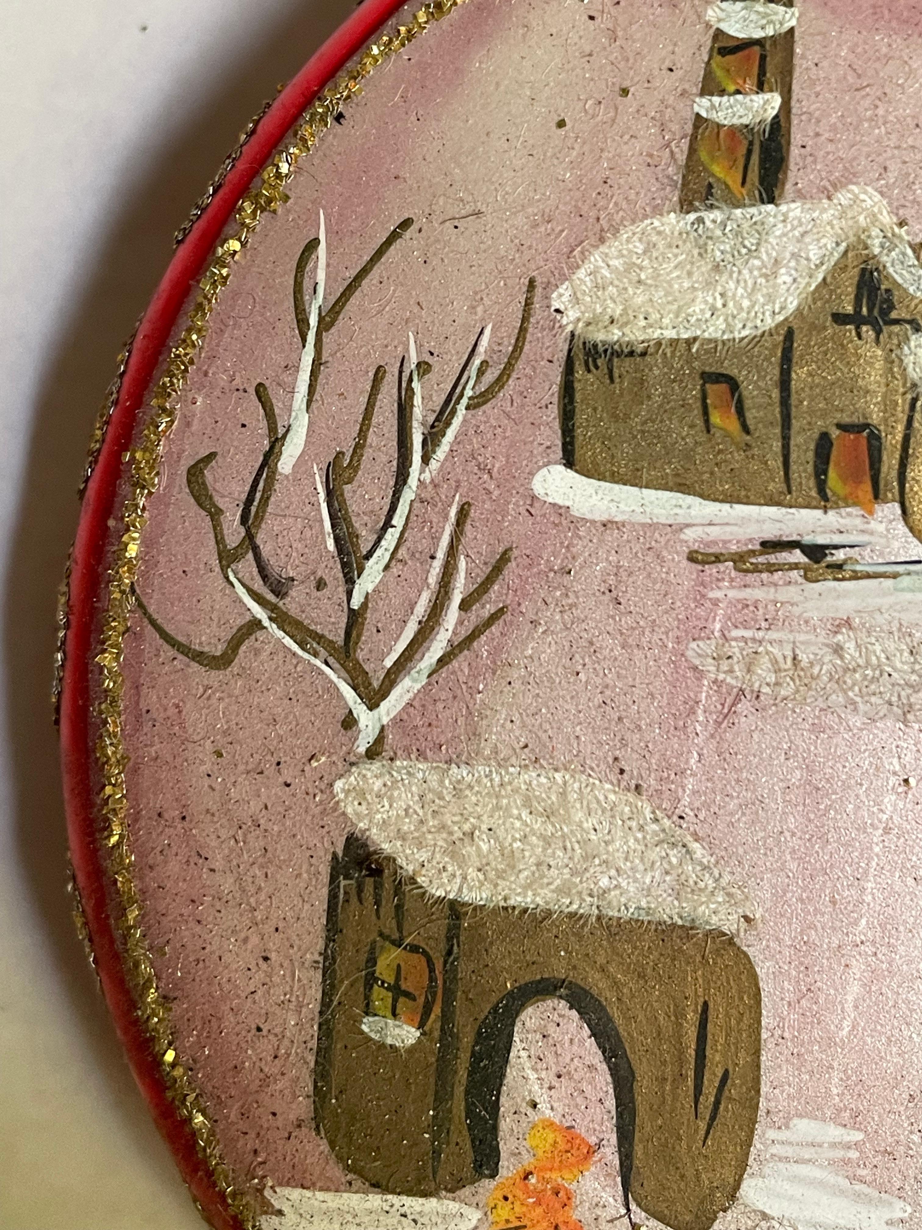 20th Century Italian Flat Ball Hand Painted Village Blown Red Glass Christmas Tree Ornament For Sale