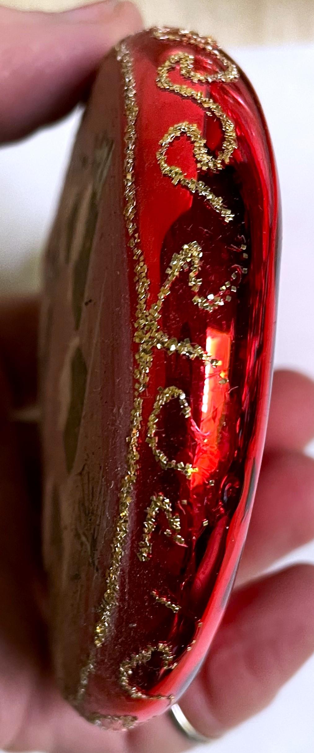 Italian Flat Ball Hand Painted Village Blown Red Glass Christmas Tree Ornament For Sale 3