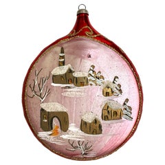 Vintage Italian Flat Ball Hand Painted Village Blown Red Glass Christmas Tree Ornament