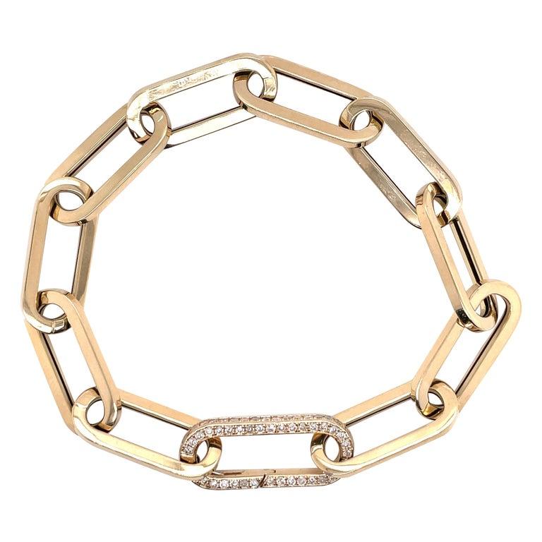 Round Cut Italian Flat Paperclip Link Bracelet Diamond Clasp 14 Karat White Gold For Sale