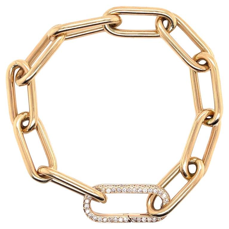 Women's Italian Flat Paperclip Link Bracelet Diamond Clasp 14 Karat White Gold For Sale