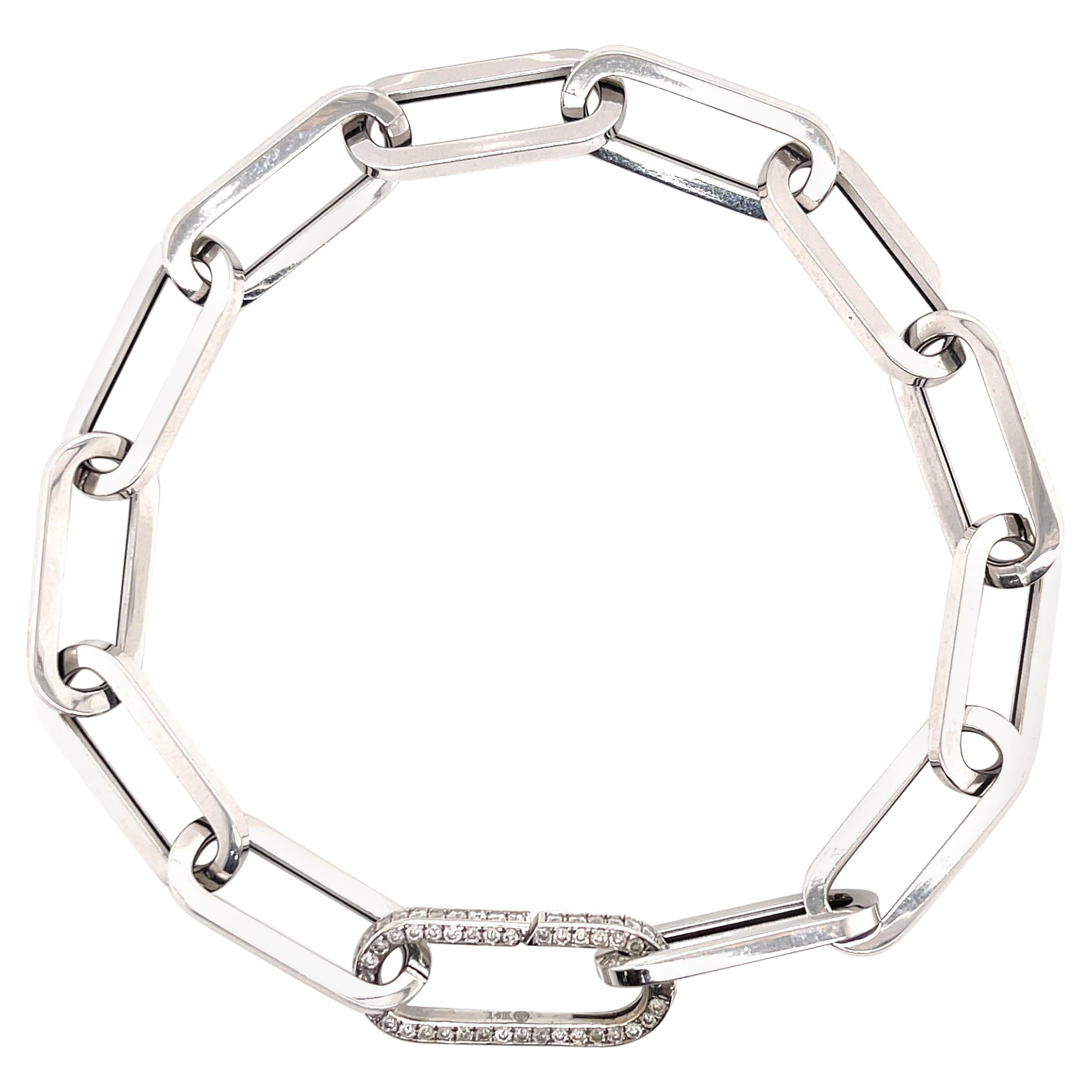 Bracciale italiano a maglie piatte con chiusura a diamante in oro bianco 14 carati