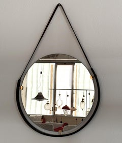 Italian Floating Wall Mirror with Leather Strap and Brass Details, 1960s