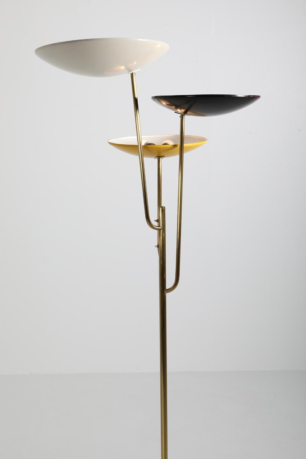 Brass Italian Floor Lamp 1950s Style with a White, Yellow and Black Shade