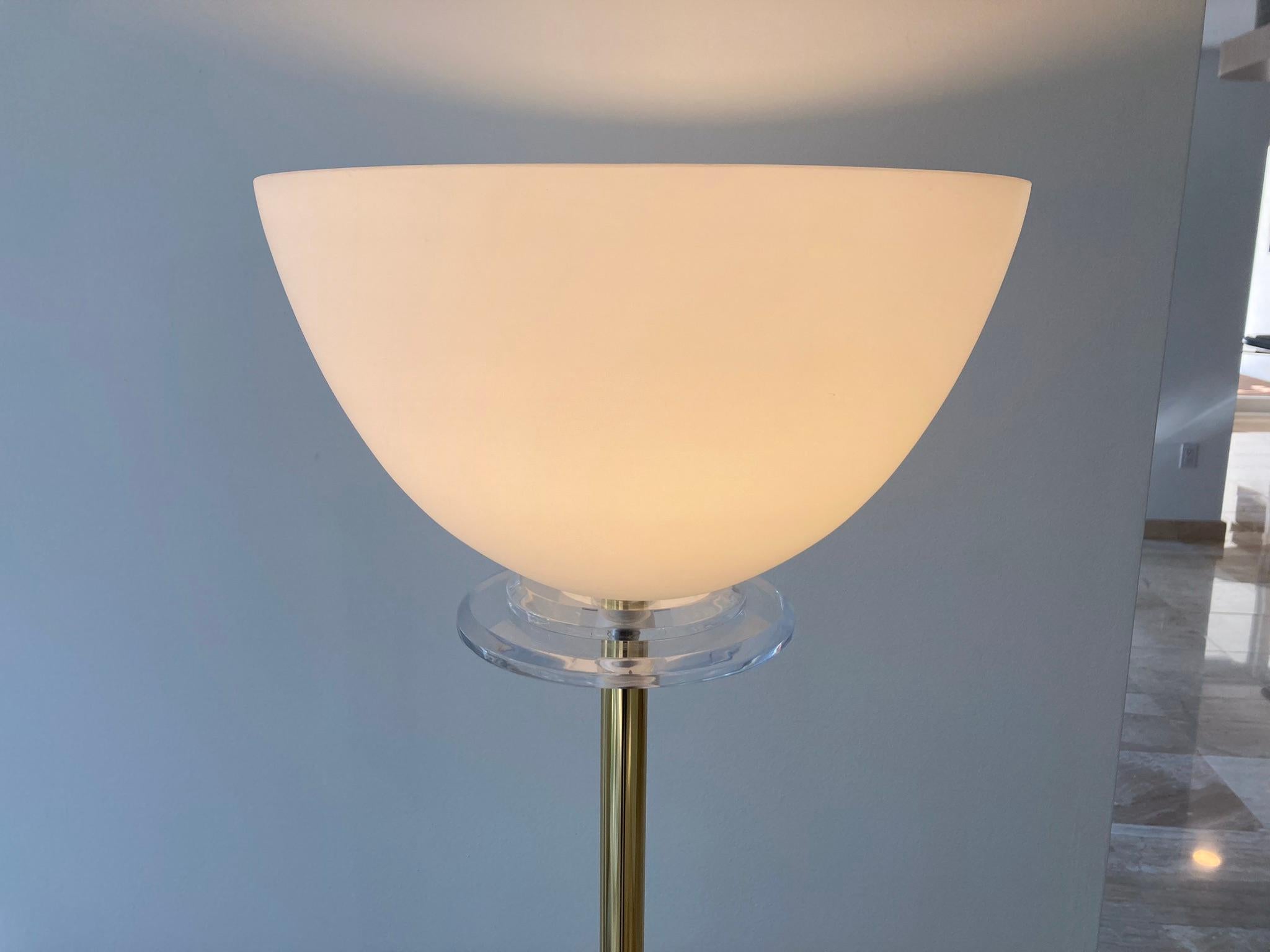 Italian floor lamp, Lucite base with brass stem and white glass shade.