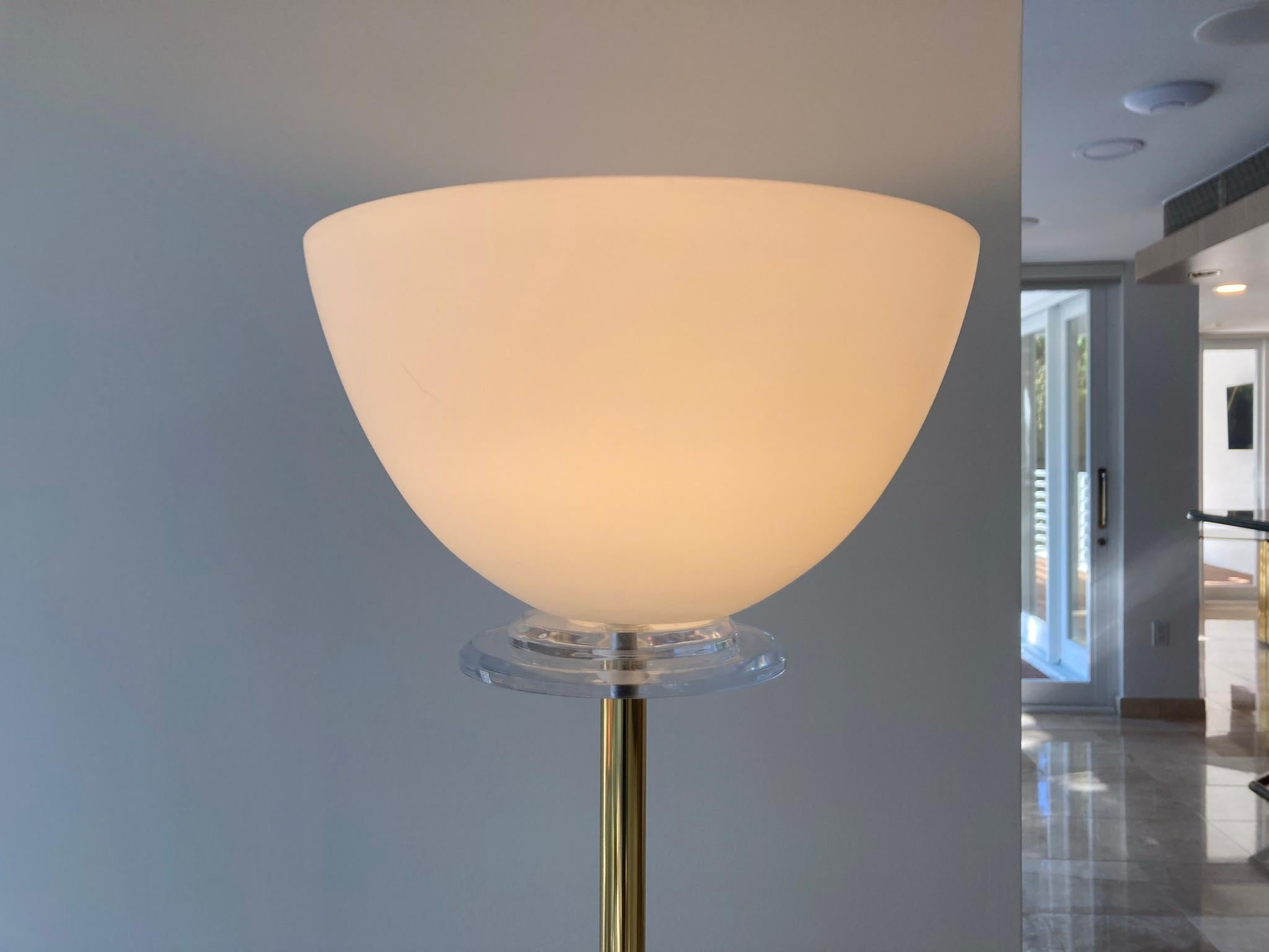 Late 20th Century Italian Floor Lamp, Brass, Lucite, Glass Shade For Sale