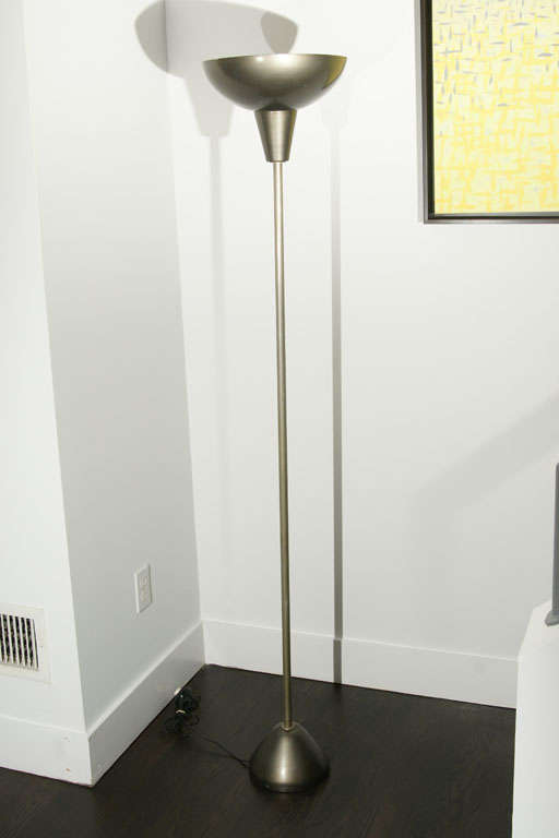 Italian floor lamp by Luigi Caccia Dominioni for Azucena model CALICE LTE 1 
Enameled metal shade standing on a brass pole and metal base. Newly rewired.