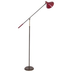 Italian Floor Lamp Stilnovo Style in Brass and Aluminium Red, 1950s